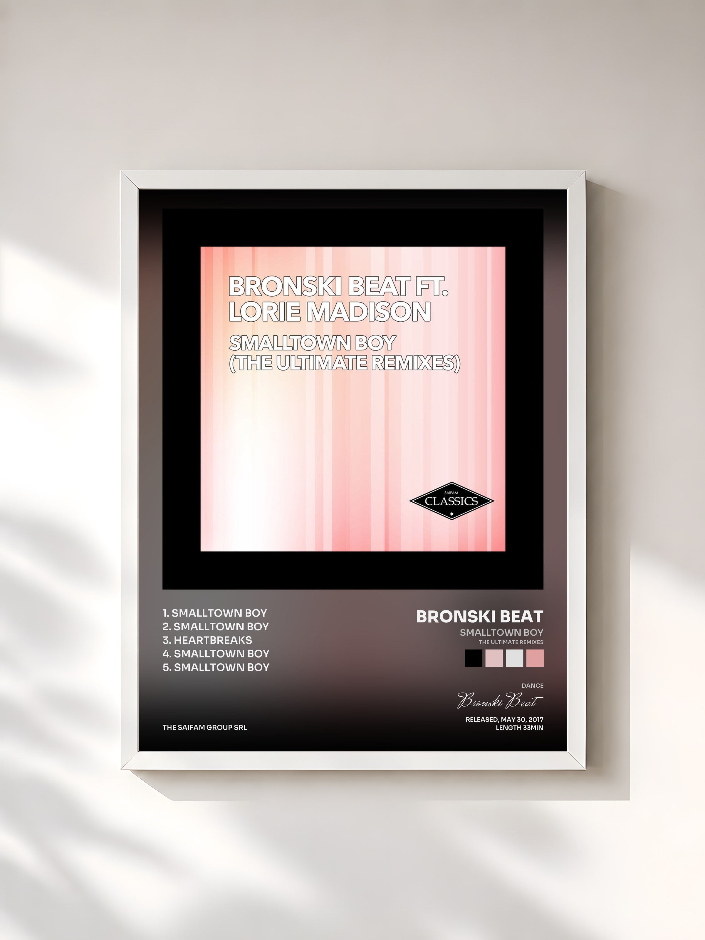 #blanc Tableau de l'album Smalltown Boy (The Ultimate Remixes) de Bronski Beat, cadre blanc, imprimé et encadré en France