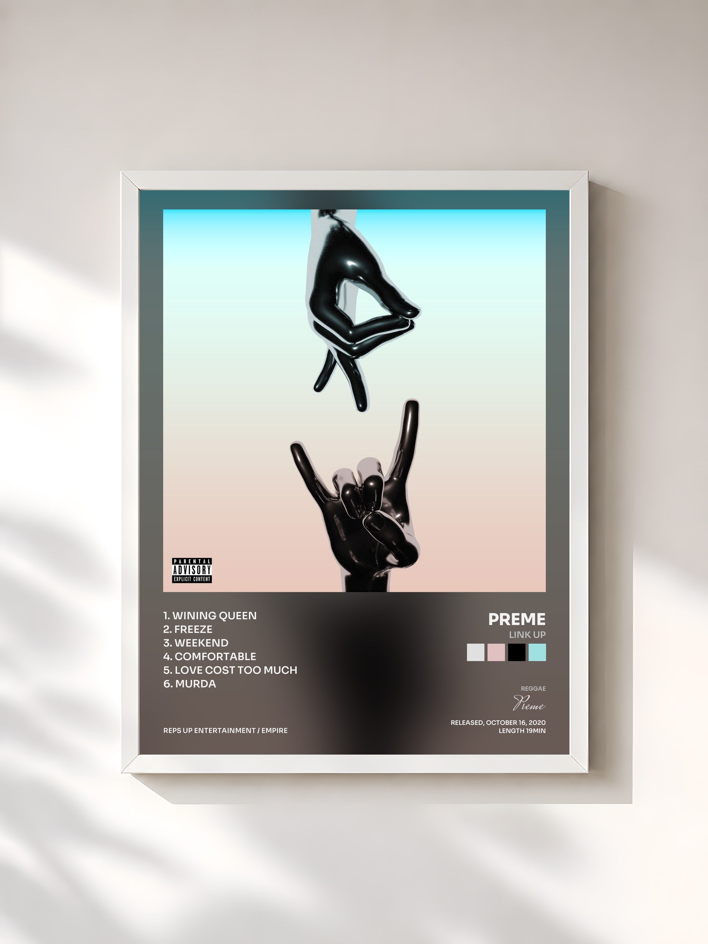 #blanc Tableau de l'album Link Up de Preme, cadre blanc, imprimé et encadré en France