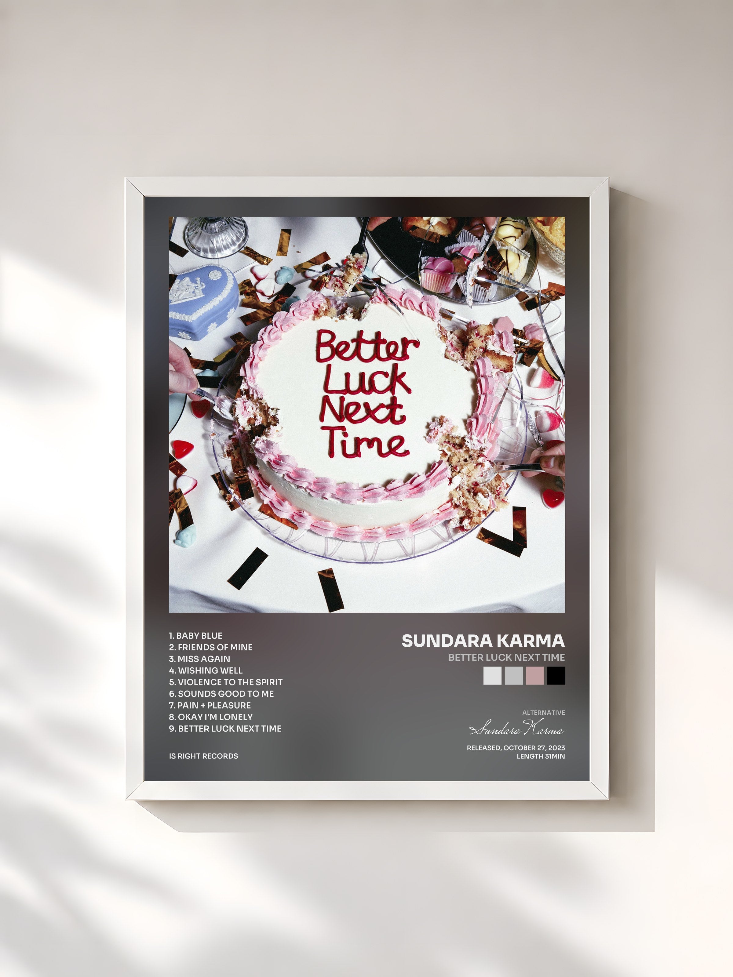 #blanc Tableau de l'album Better Luck Next Time de Sundara Karma, cadre blanc, imprimé et encadré en France