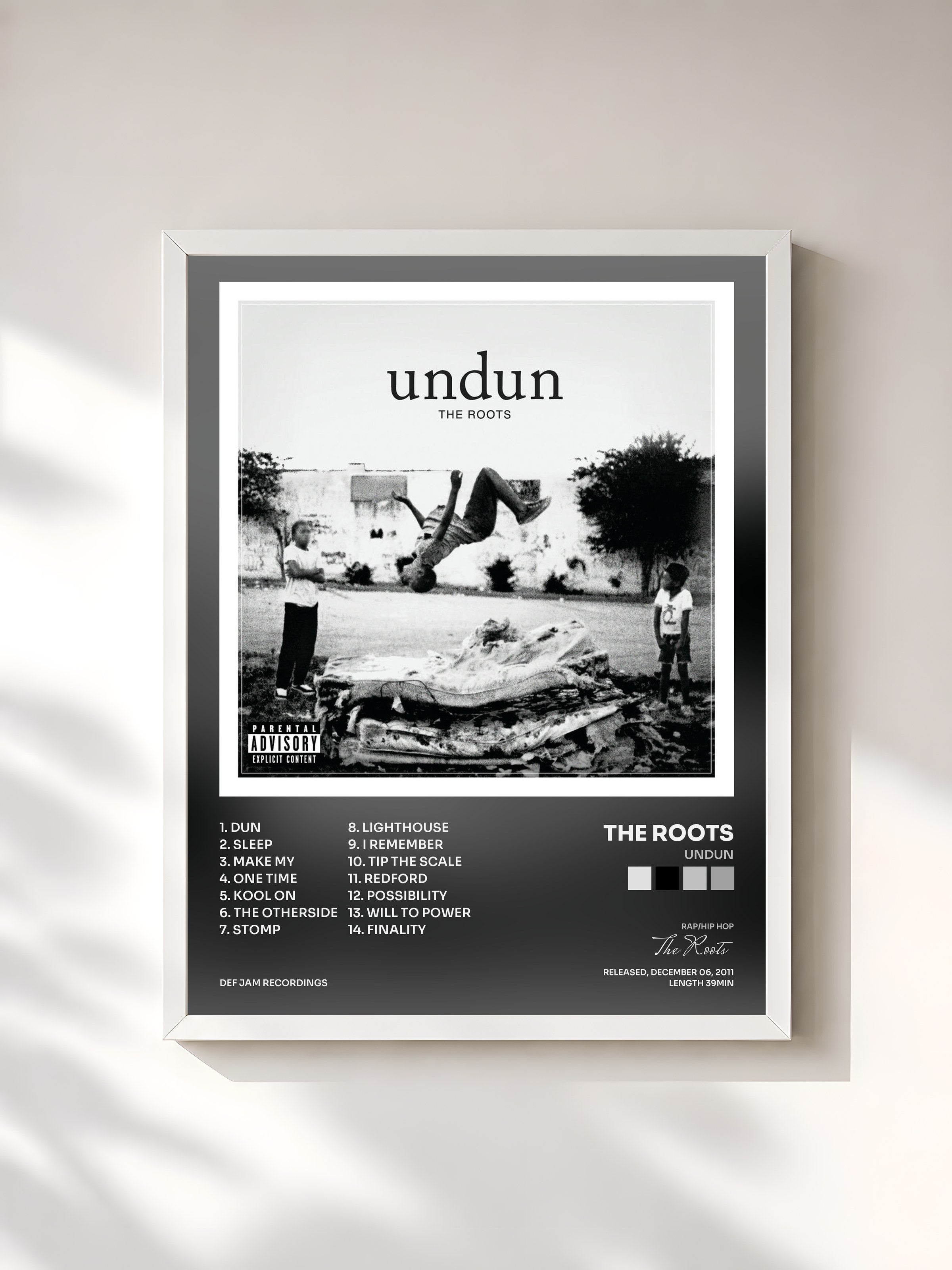 #blanc Tableau de l'album Undun de The Roots, cadre blanc, imprimé et encadré en France