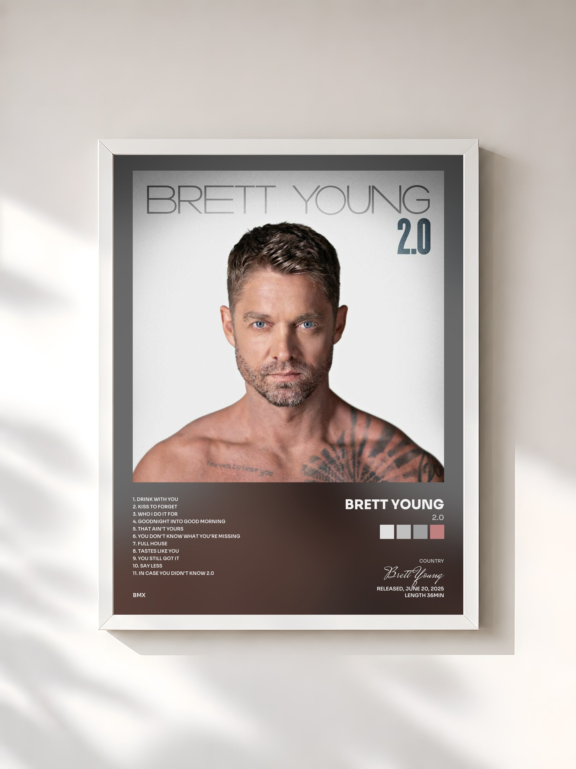 #blanc Tableau de l'album 2.0 de Brett Young, cadre blanc, imprimé et encadré en France
