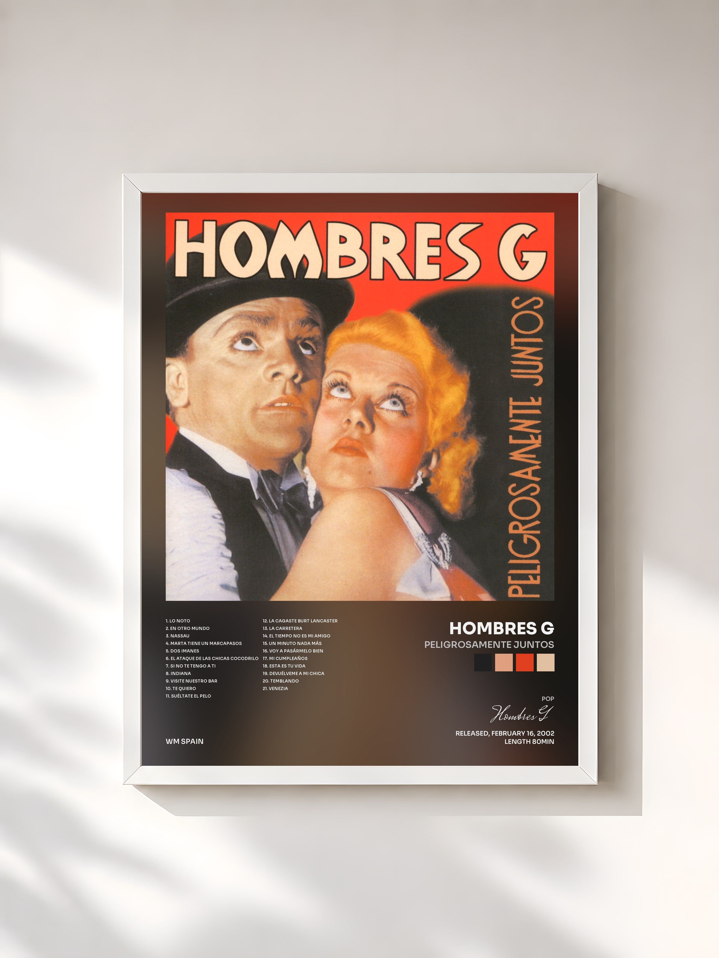 #blanc Tableau de l'album Peligrosamente Juntos de Hombres G, cadre blanc, imprimé et encadré en France