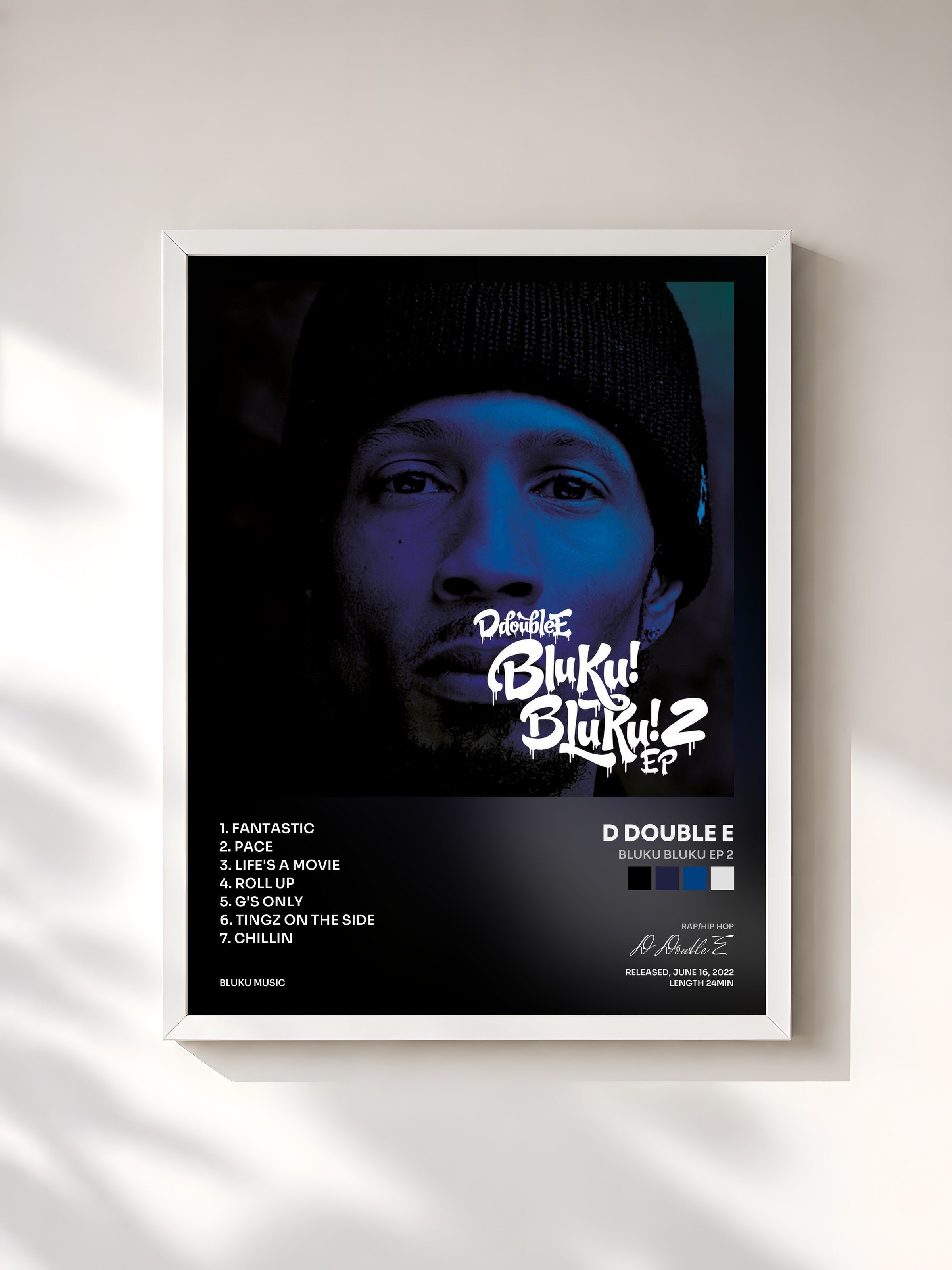 #blanc Tableau de l'album Bluku Bluku EP 2 de D Double E, cadre blanc, imprimé et encadré en France
