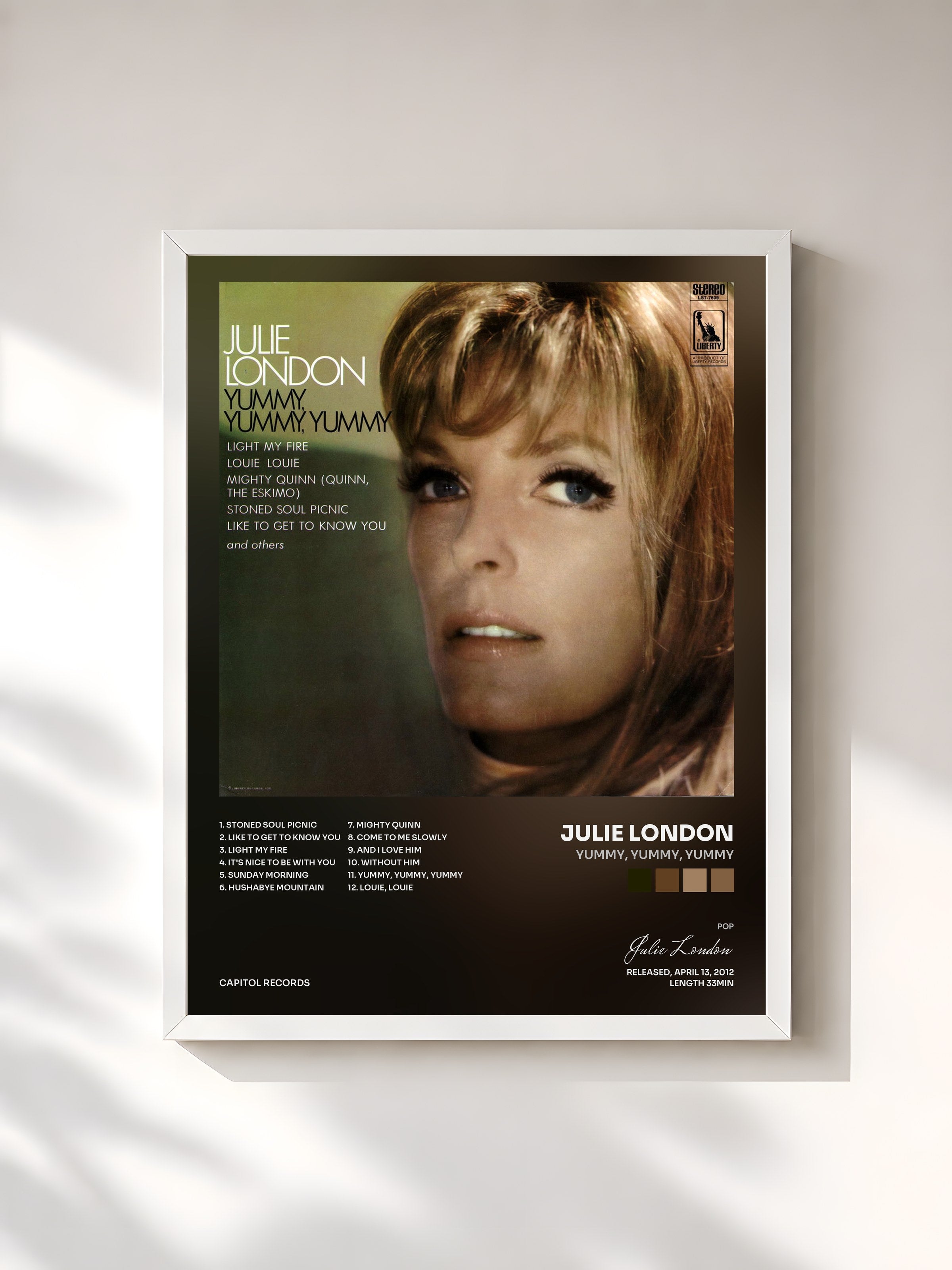 #blanc Tableau de l'album Yummy, Yummy, Yummy de Julie London, cadre blanc, imprimé et encadré en France
