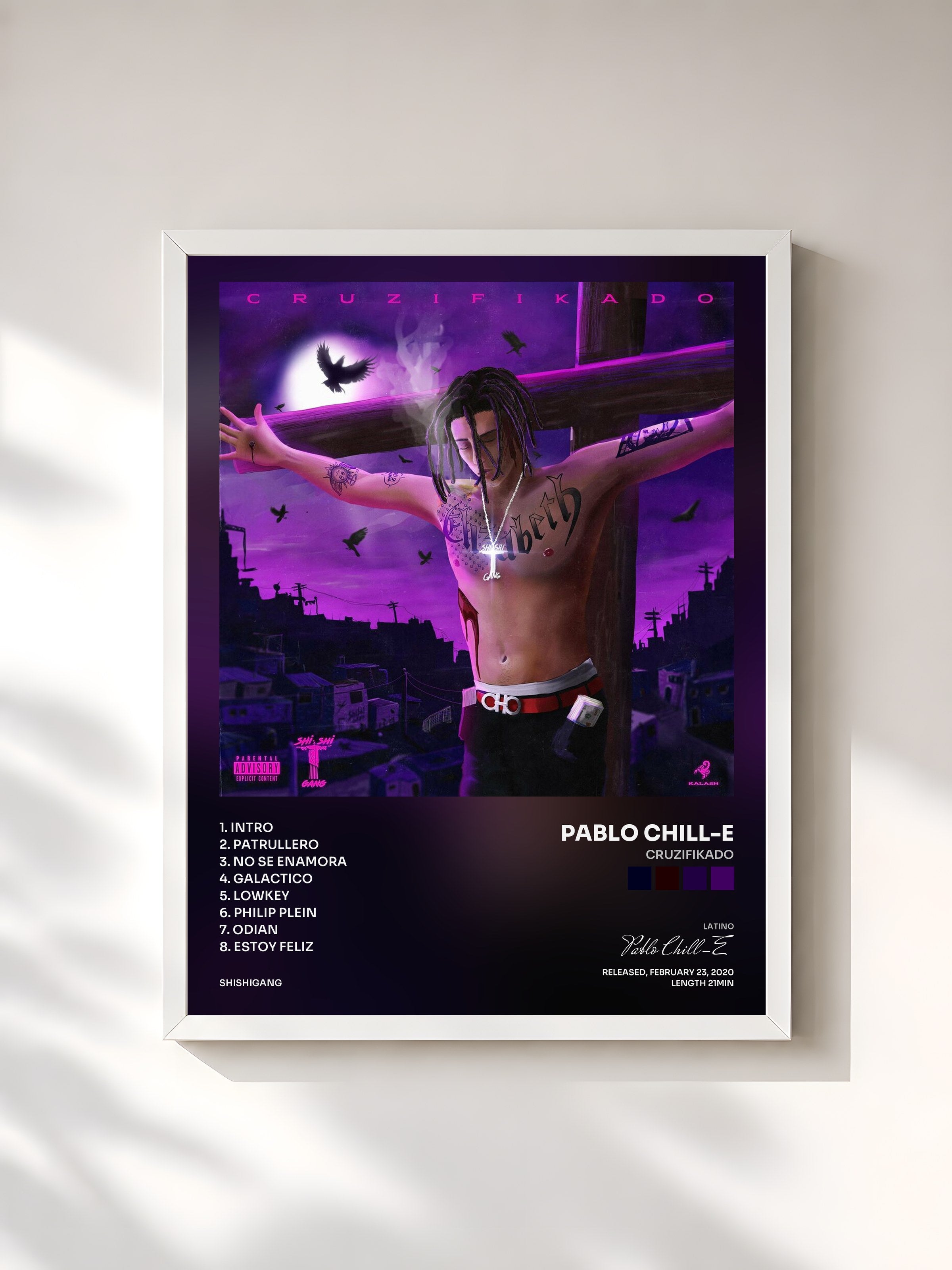 #blanc Tableau de l'album Cruzifikado de Pablo Chill-E, cadre blanc, imprimé et encadré en France