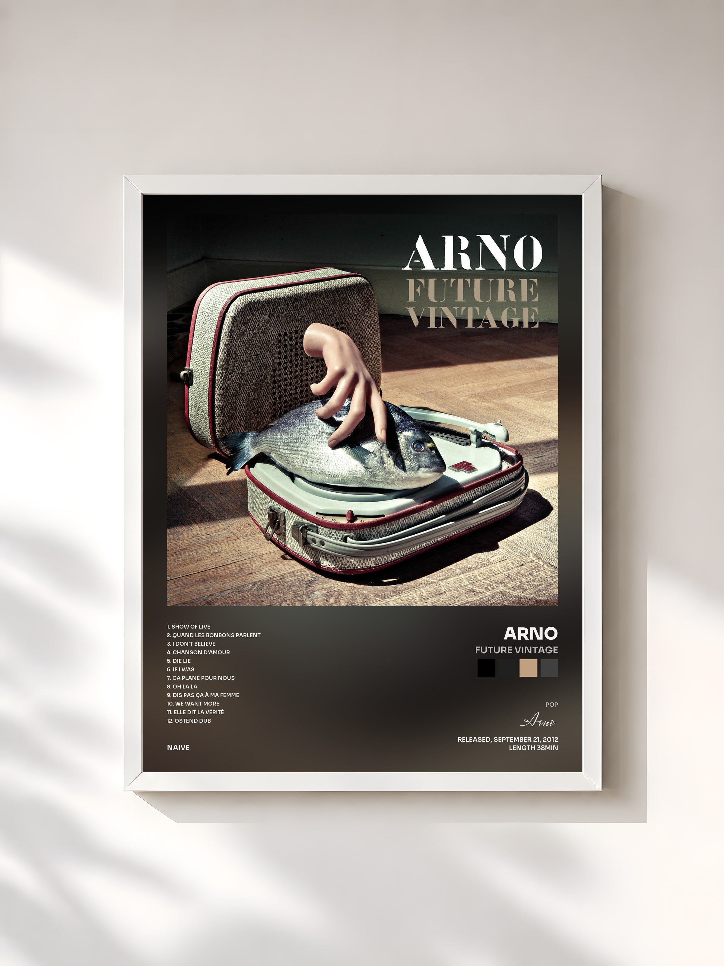 #blanc Tableau de l'album Future Vintage de Arno, cadre blanc, imprimé et encadré en France