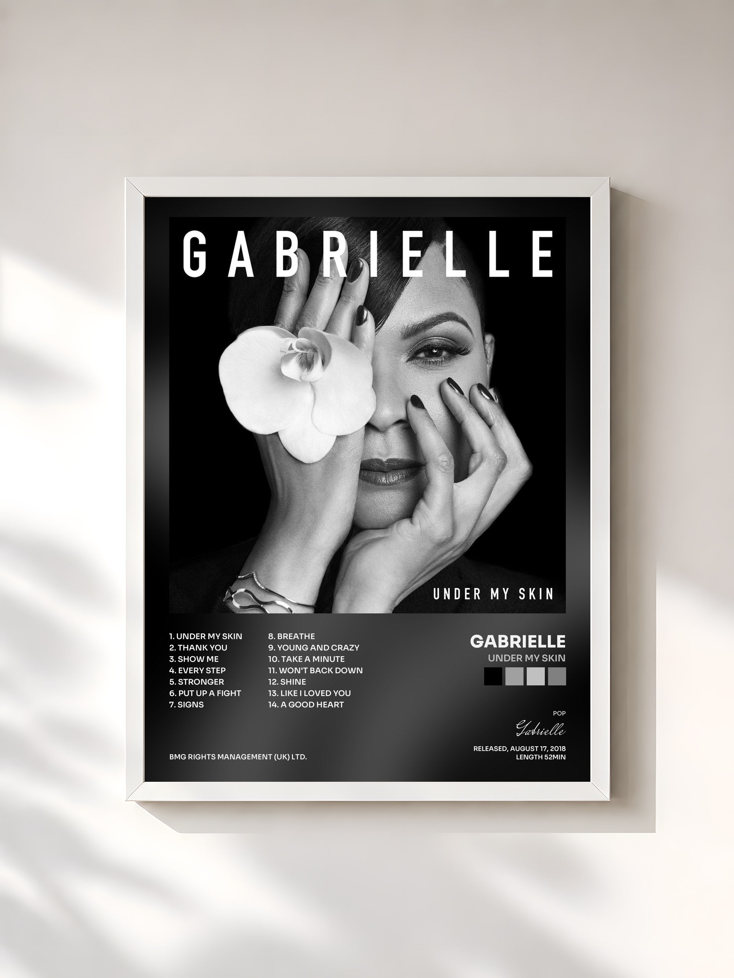 #blanc Tableau de l'album Under My Skin de Gabrielle, cadre blanc, imprimé et encadré en France