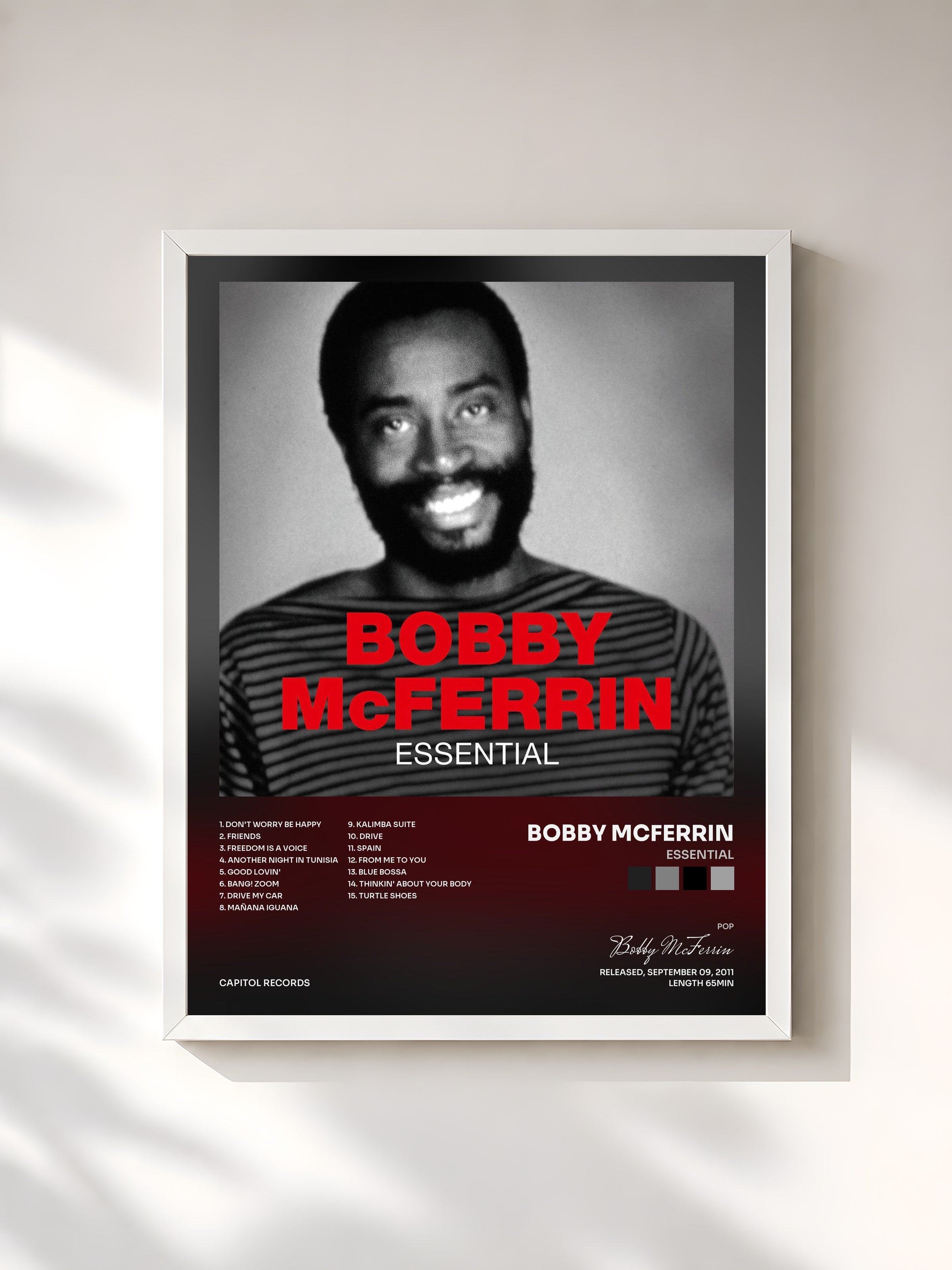 #blanc Tableau de l'album Essential de Bobby McFerrin, cadre blanc, imprimé et encadré en France