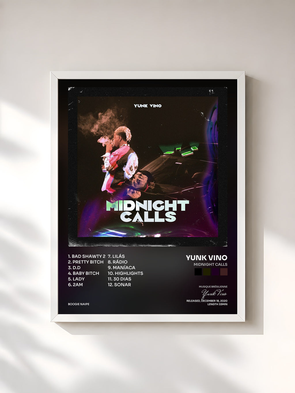 #blanc Tableau de l'album MIDNIGHT CALLS de Yunk Vino, cadre blanc, imprimé et encadré en France
