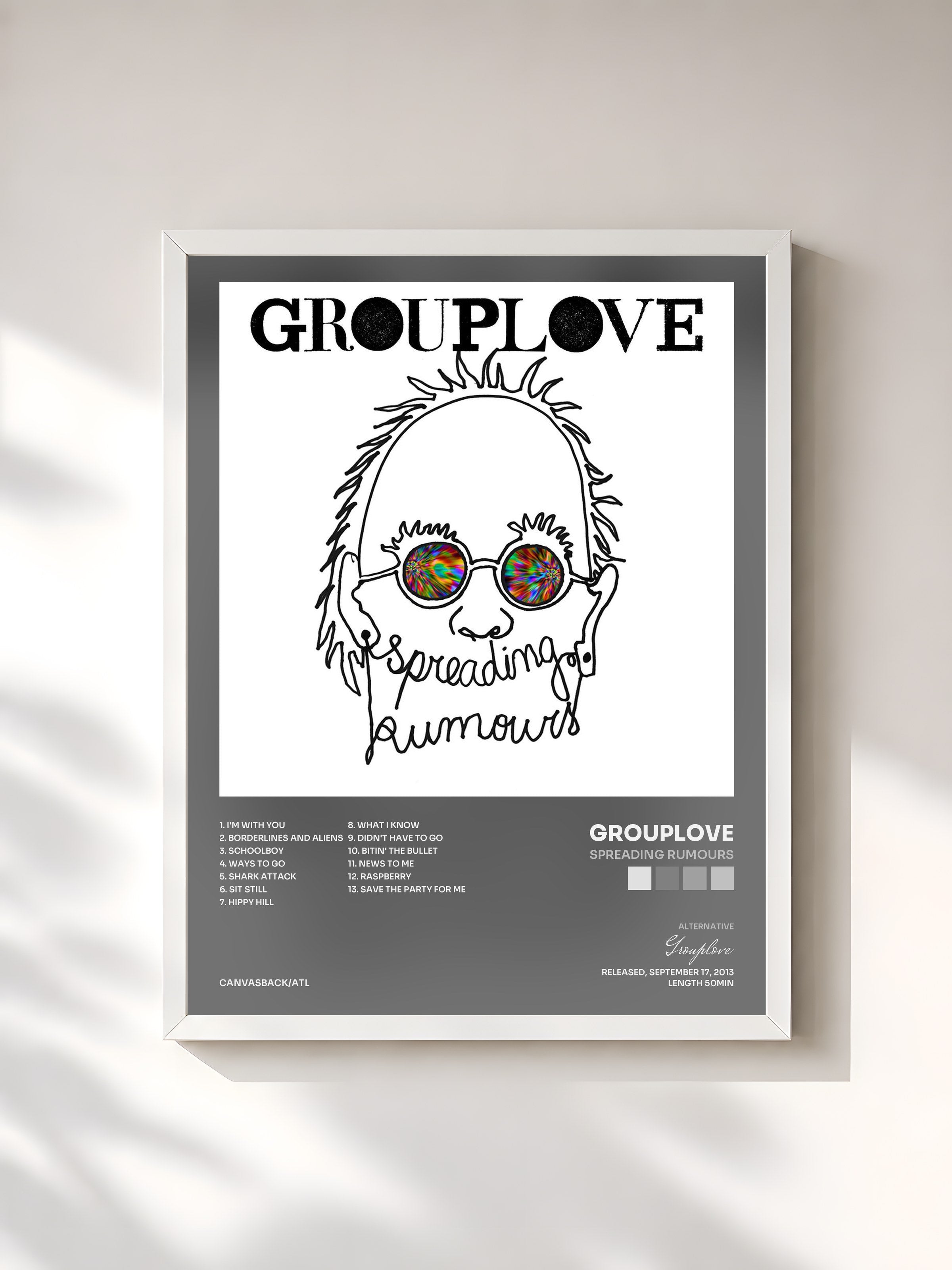 #blanc Tableau de l'album Spreading Rumours de Grouplove, cadre blanc, imprimé et encadré en France