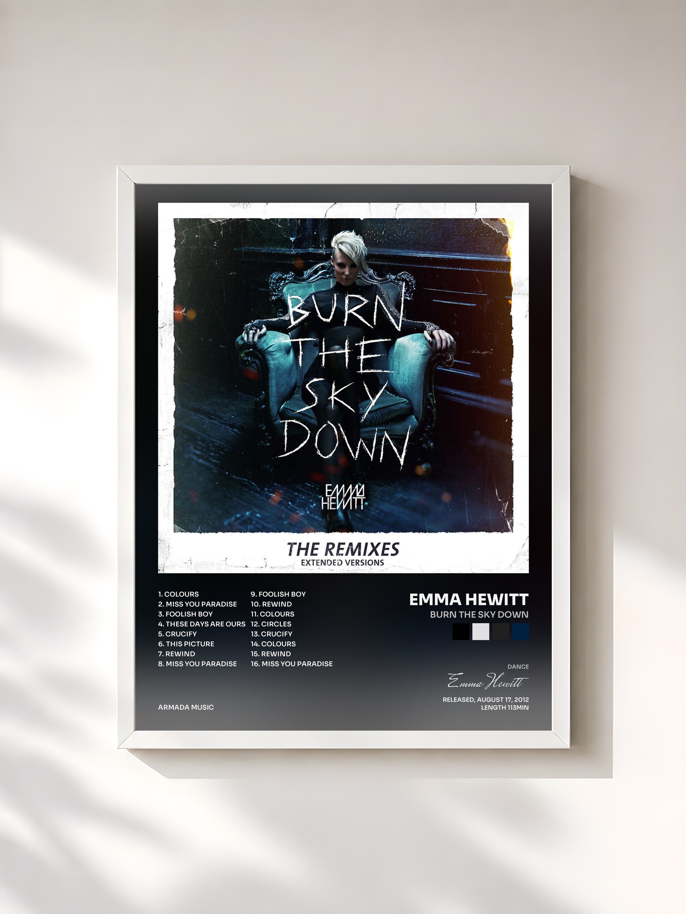 #blanc Tableau de l'album Burn The Sky Down de Emma Hewitt, cadre blanc, imprimé et encadré en France