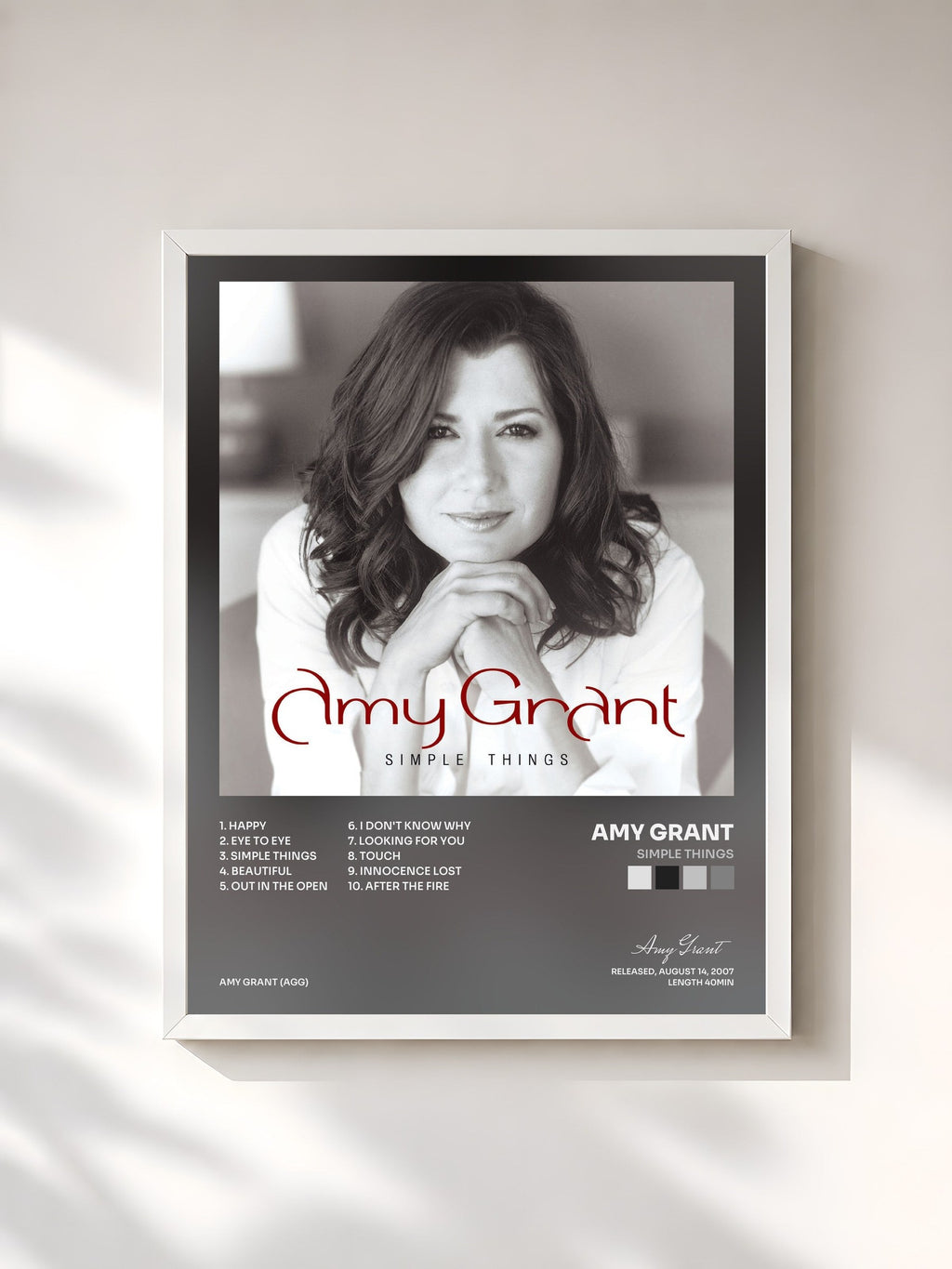 #blanc Tableau de l'album Simple Things de Amy Grant, cadre blanc, imprimé et encadré en France