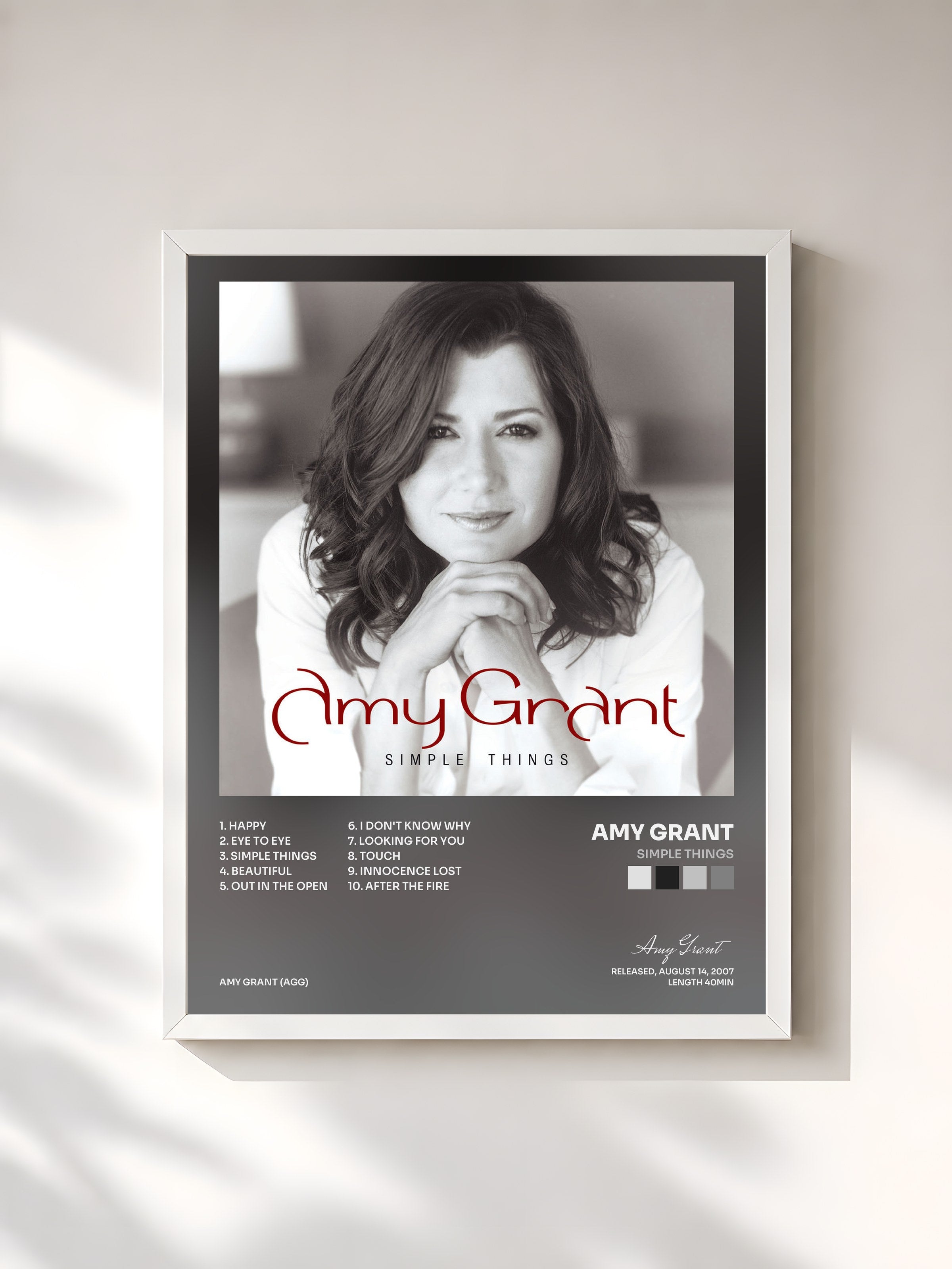 #blanc Tableau de l'album Simple Things de Amy Grant, cadre blanc, imprimé et encadré en France