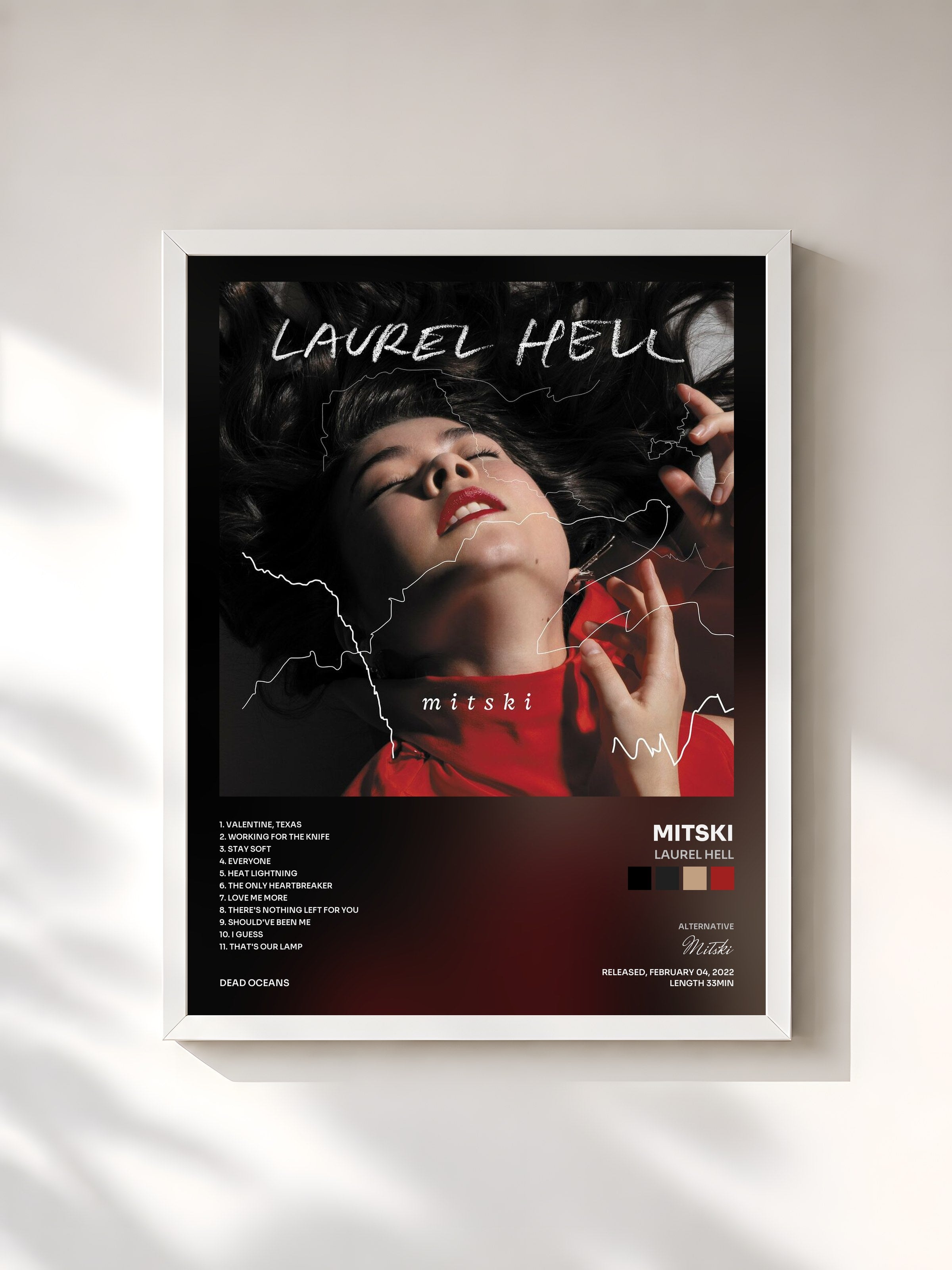 #blanc Tableau de l'album Laurel Hell de Mitski, cadre blanc, imprimé et encadré en France