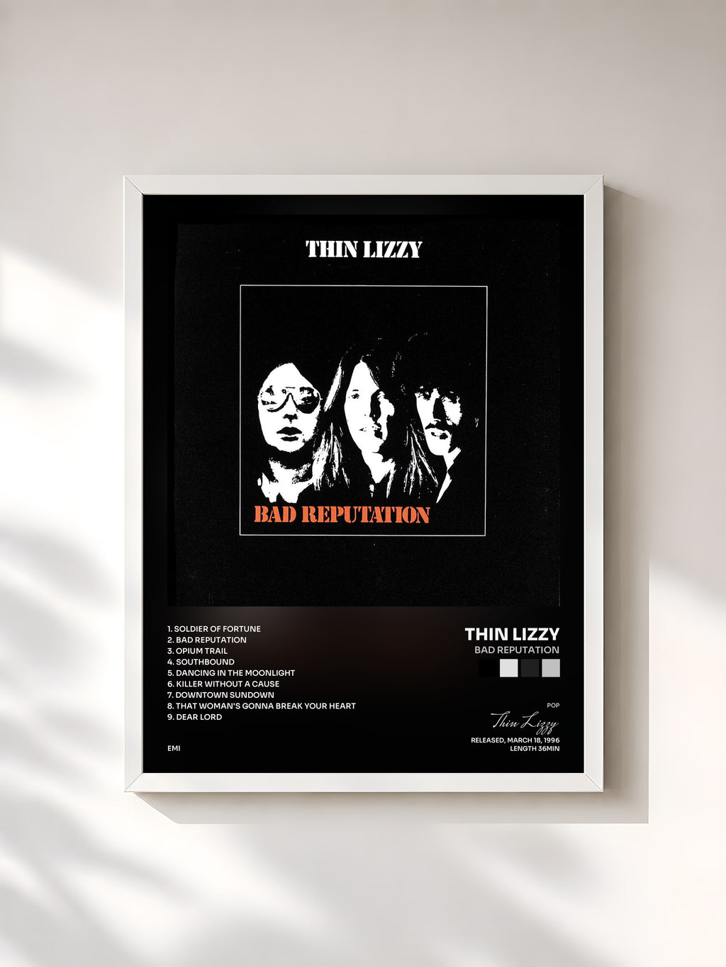 #blanc Tableau de l'album Bad Reputation de Thin Lizzy, cadre blanc, imprimé et encadré en France