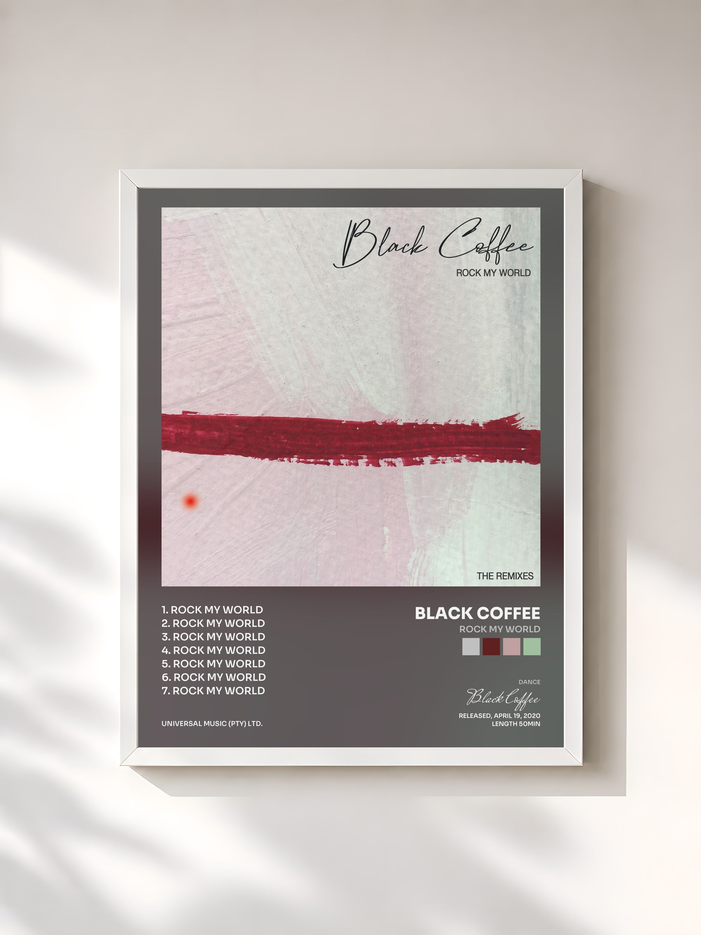 #blanc Tableau de l'album Rock My World de Black Coffee, cadre blanc, imprimé et encadré en France