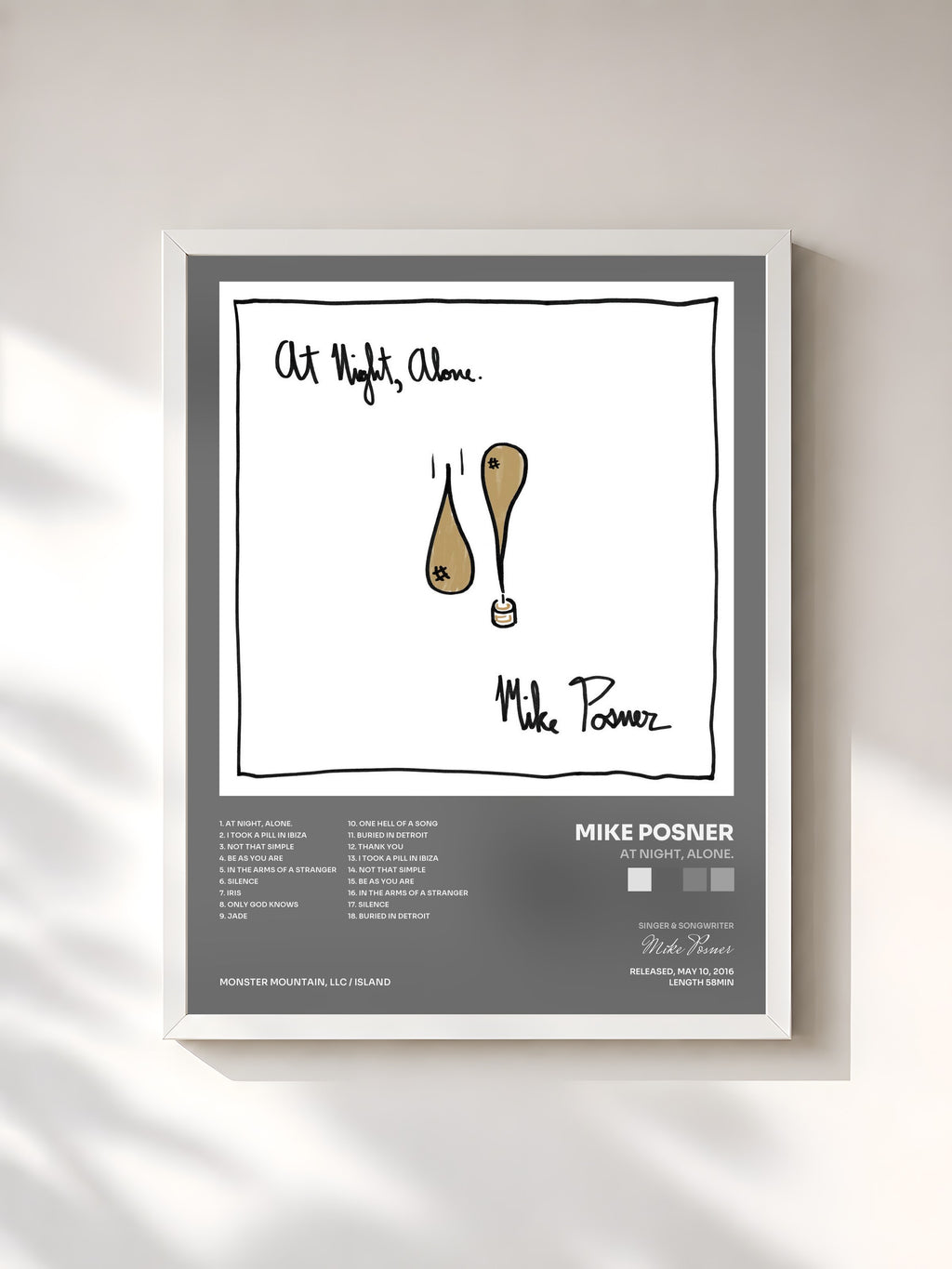 #blanc Tableau de l'album At Night, Alone. de Mike Posner, cadre blanc, imprimé et encadré en France