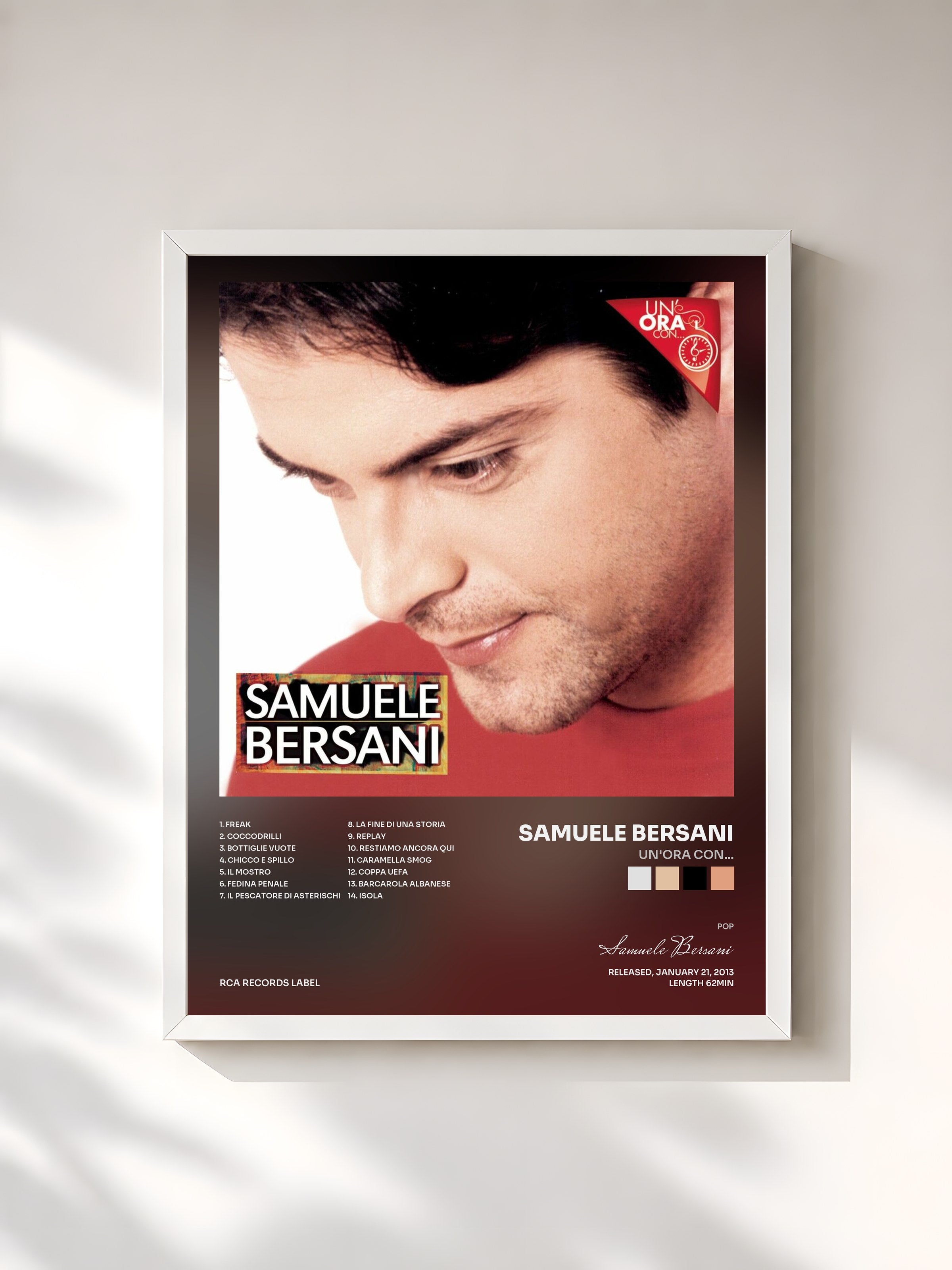 #blanc Tableau de l'album Un'ora con... de Samuele Bersani, cadre blanc, imprimé et encadré en France