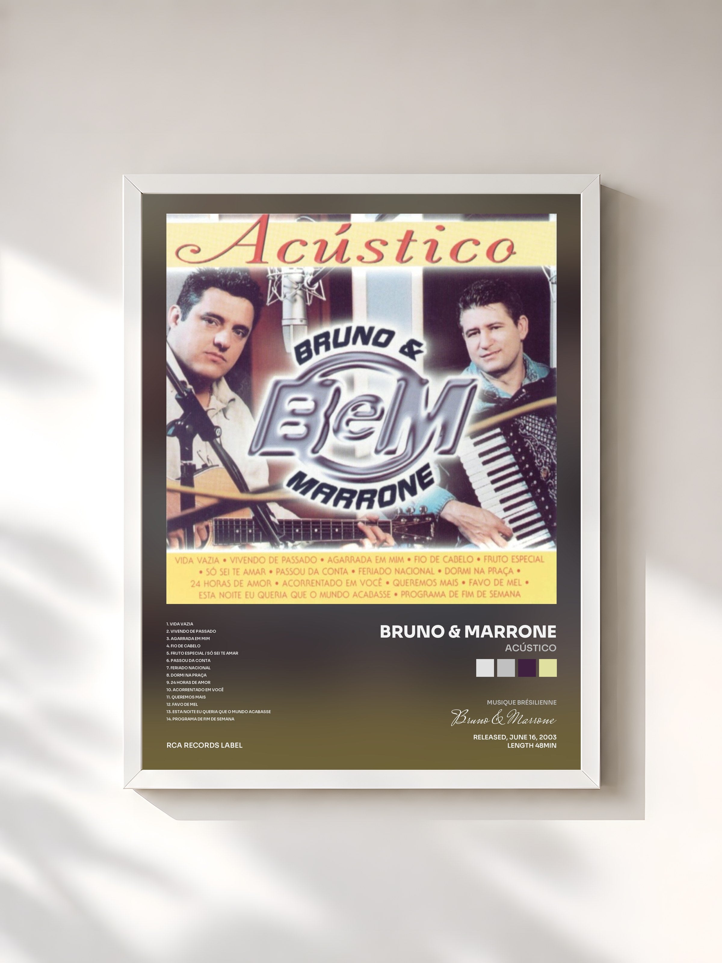 #blanc Tableau de l'album Acústico de Bruno & Marrone, cadre blanc, imprimé et encadré en France