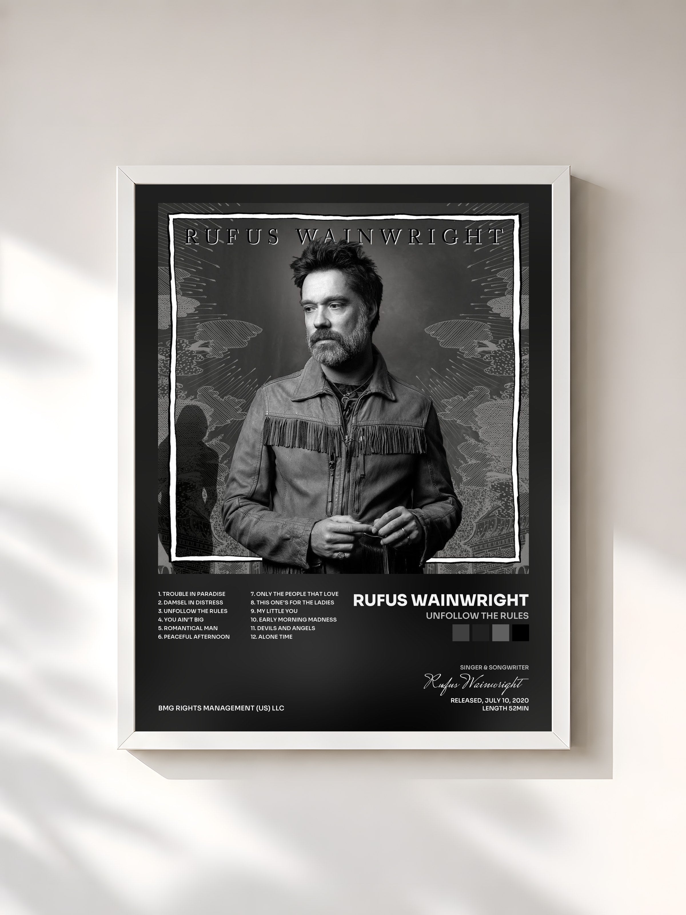 #blanc Tableau de l'album Unfollow the Rules de Rufus Wainwright, cadre blanc, imprimé et encadré en France