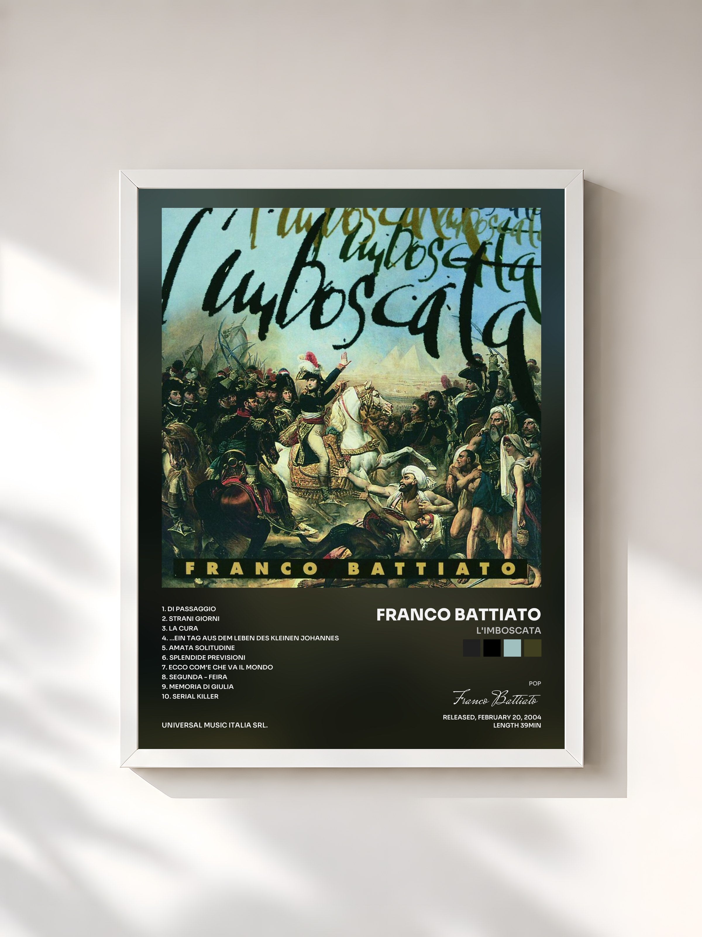#blanc Tableau de l'album L'Imboscata de Franco Battiato, cadre blanc, imprimé et encadré en France