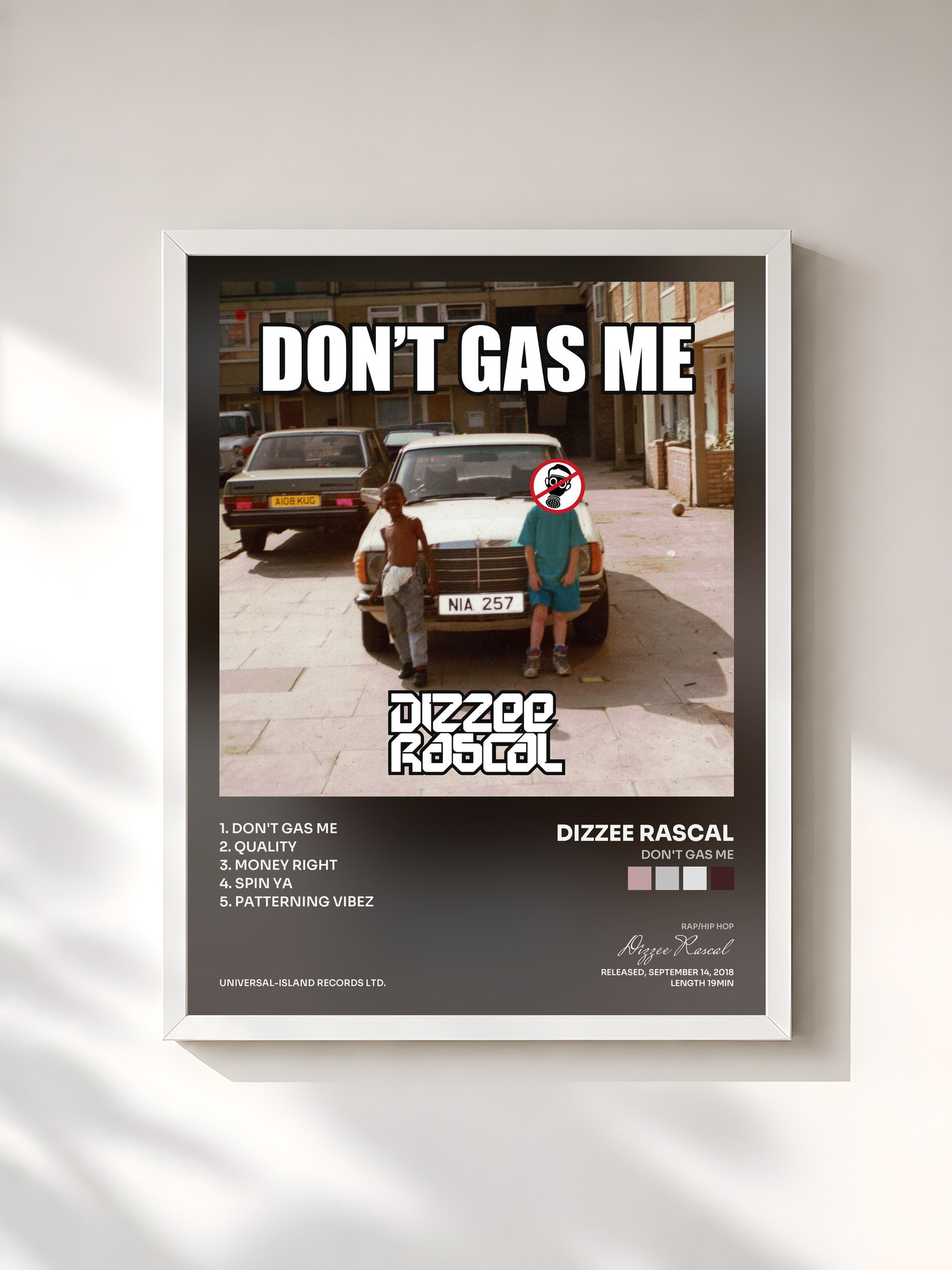 #blanc Tableau de l'album Don't Gas Me de Dizzee Rascal, cadre blanc, imprimé et encadré en France