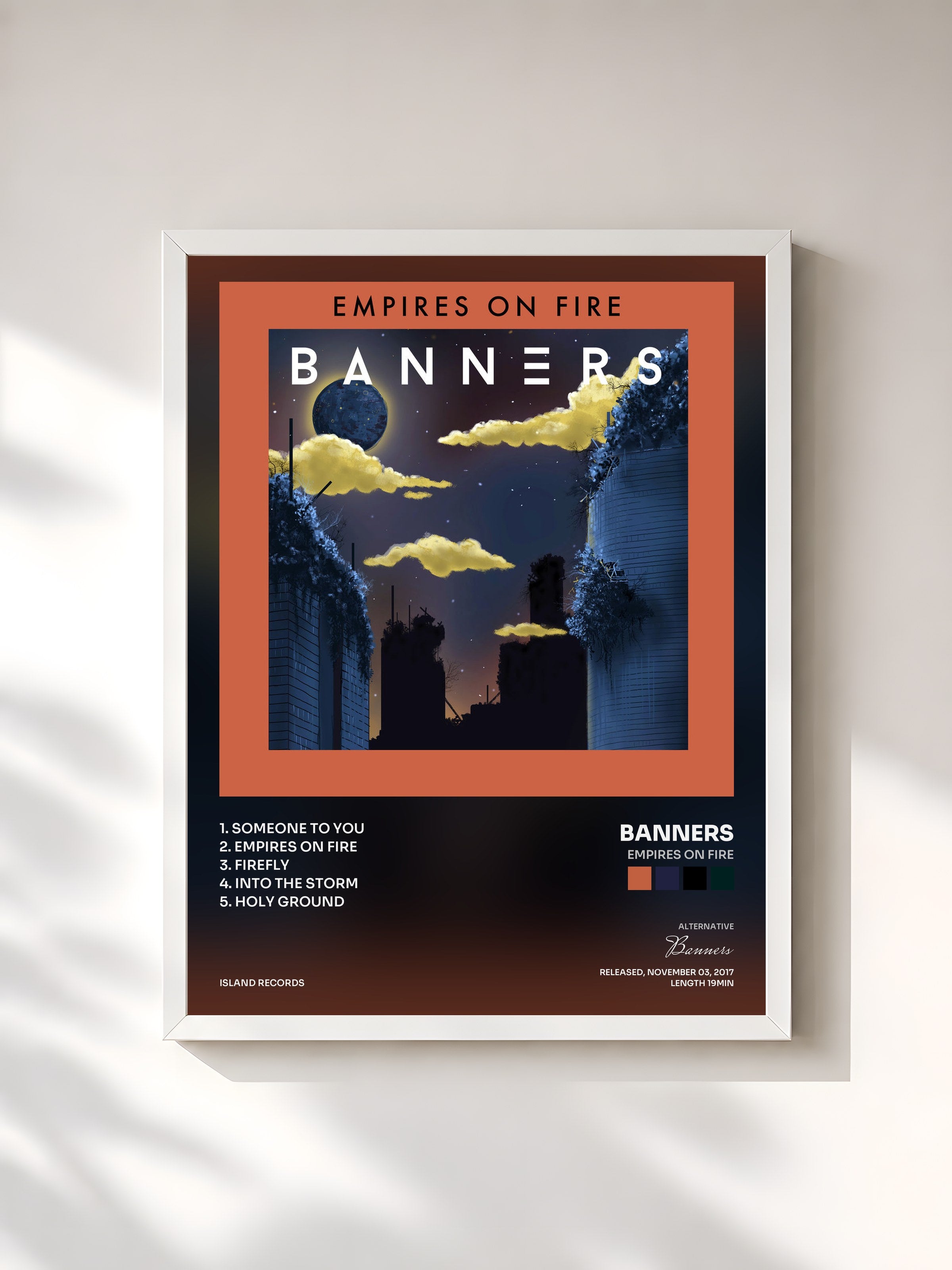 #blanc Tableau de l'album Empires On Fire de Banners, cadre blanc, imprimé et encadré en France