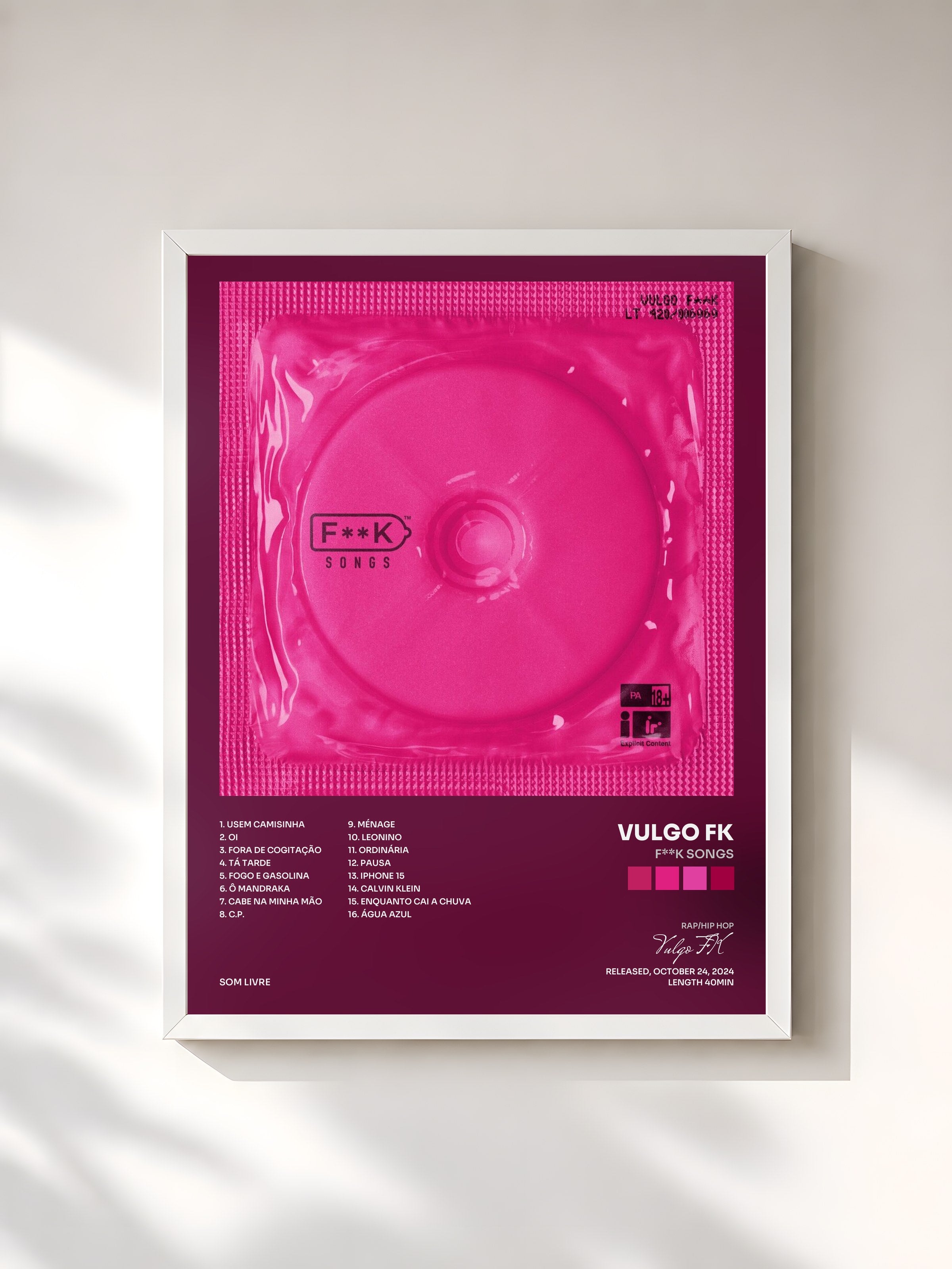 #blanc Tableau de l'album F**K SONGS de Vulgo FK, cadre blanc, imprimé et encadré en France