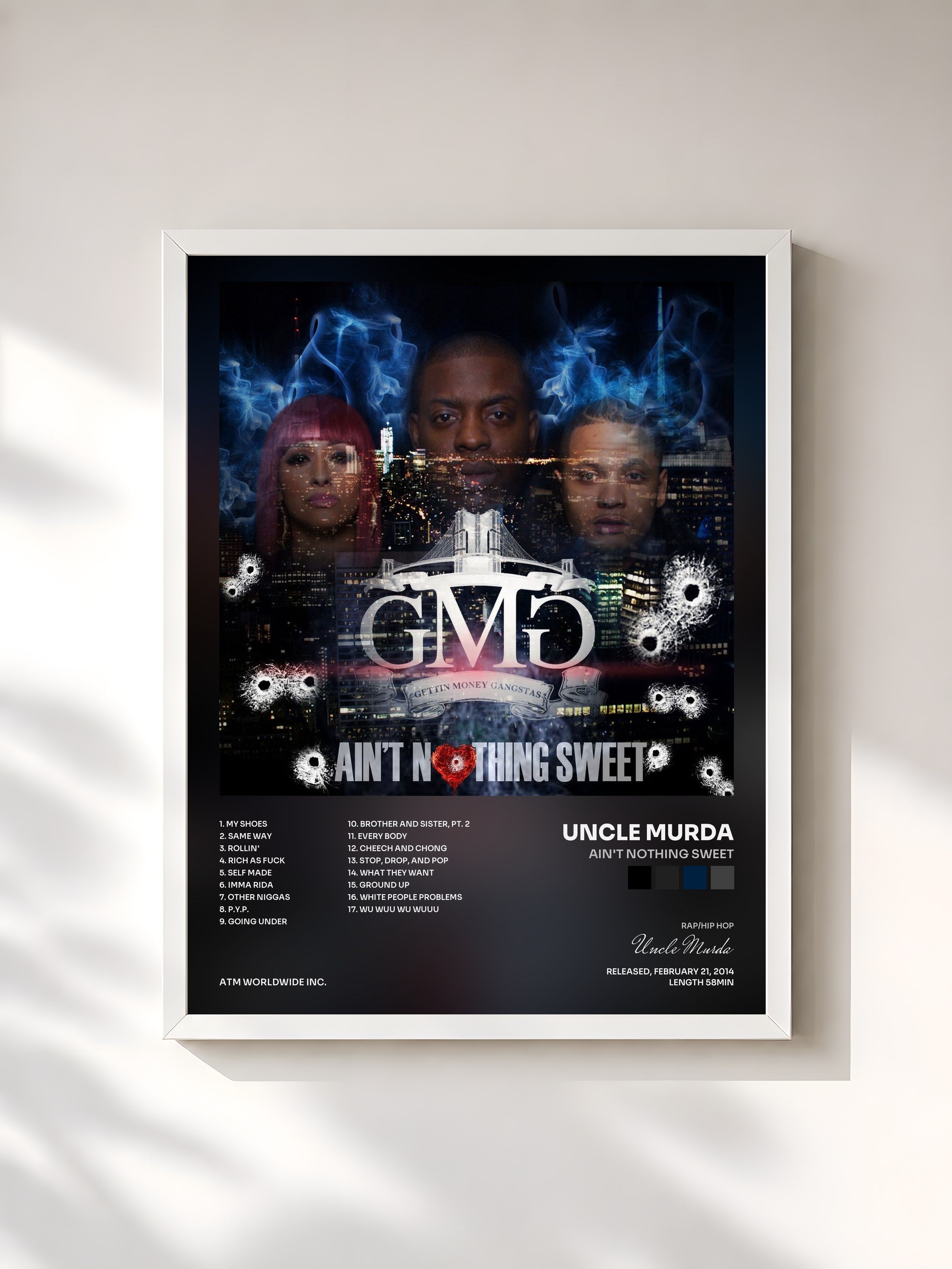 #blanc Tableau de l'album Ain't Nothing Sweet de Uncle Murda, cadre blanc, imprimé et encadré en France