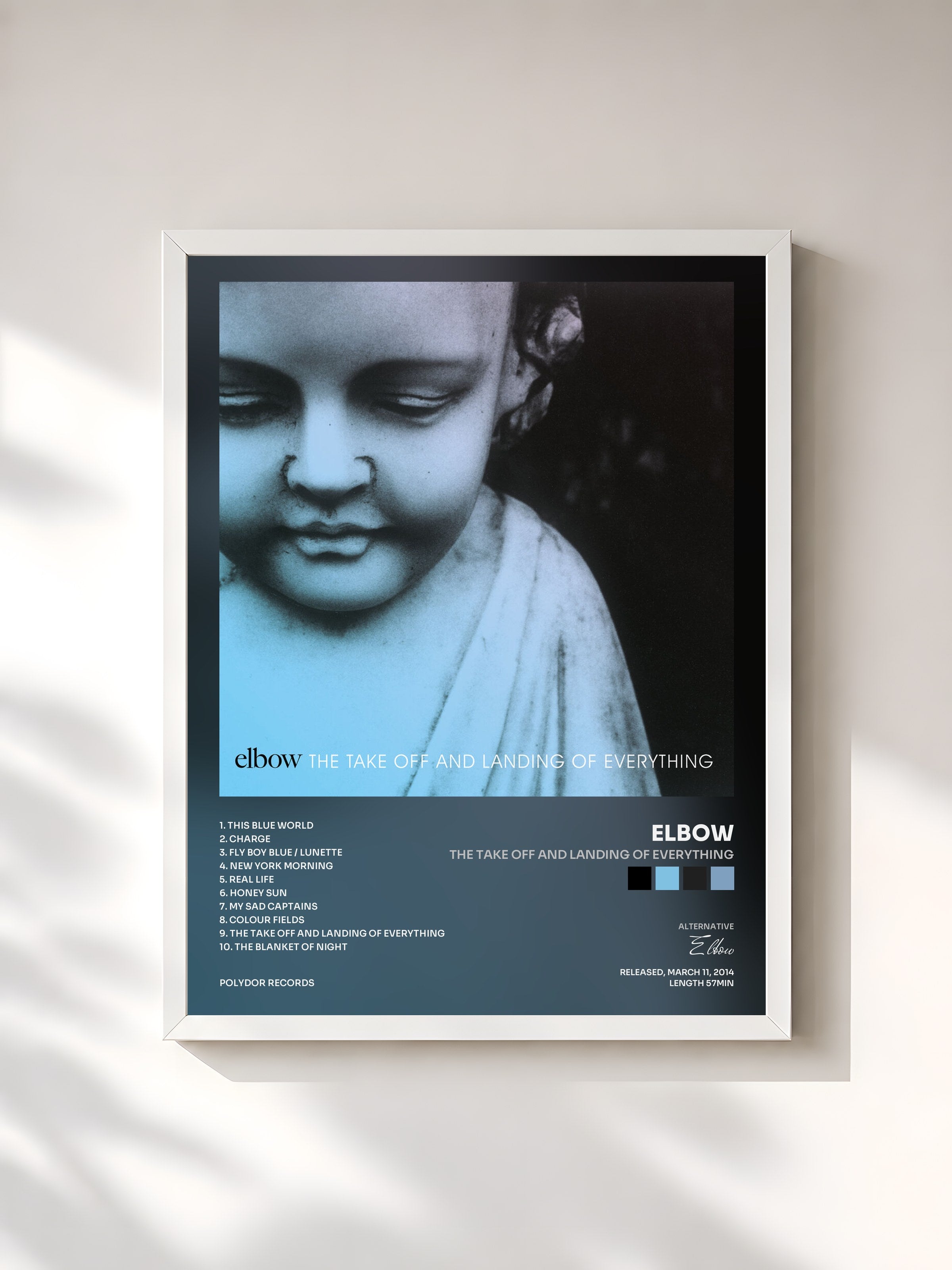 #blanc Tableau de l'album The Take Off And Landing Of Everything de Elbow, cadre blanc, imprimé et encadré en France