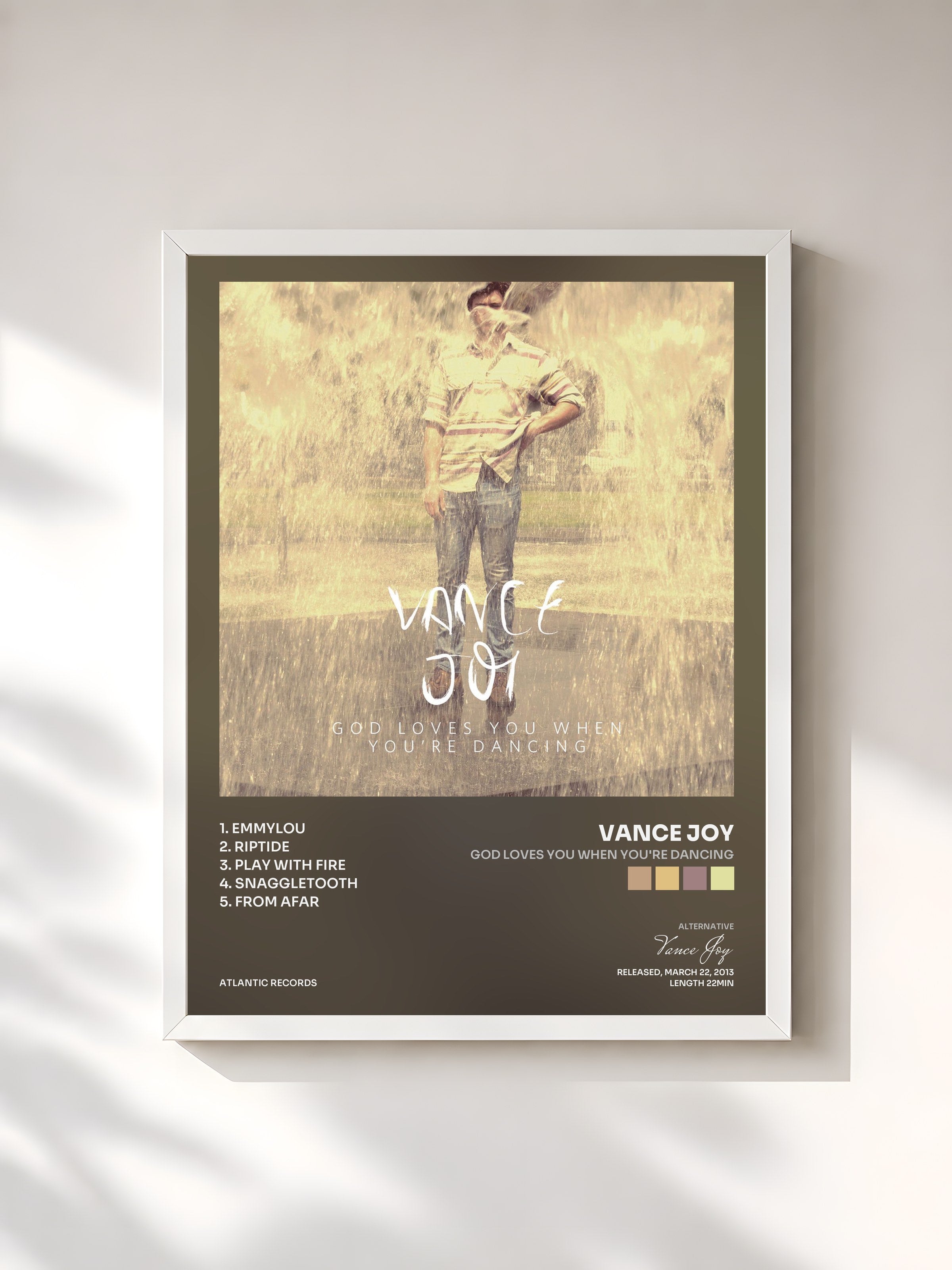 #blanc Tableau de l'album God Loves You When You're Dancing de Vance Joy, cadre blanc, imprimé et encadré en France