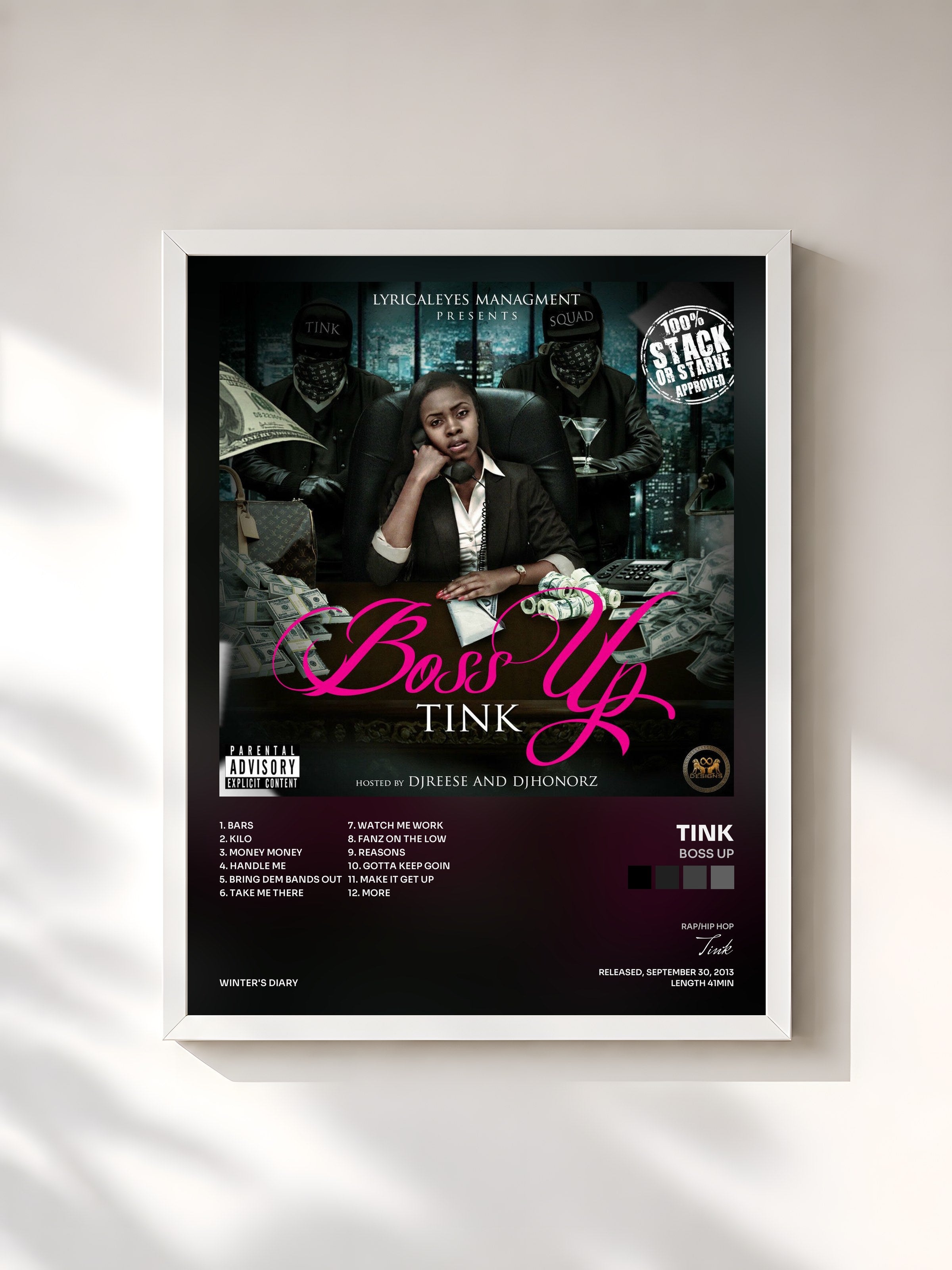 #blanc Tableau de l'album Boss Up de Tink, cadre blanc, imprimé et encadré en France