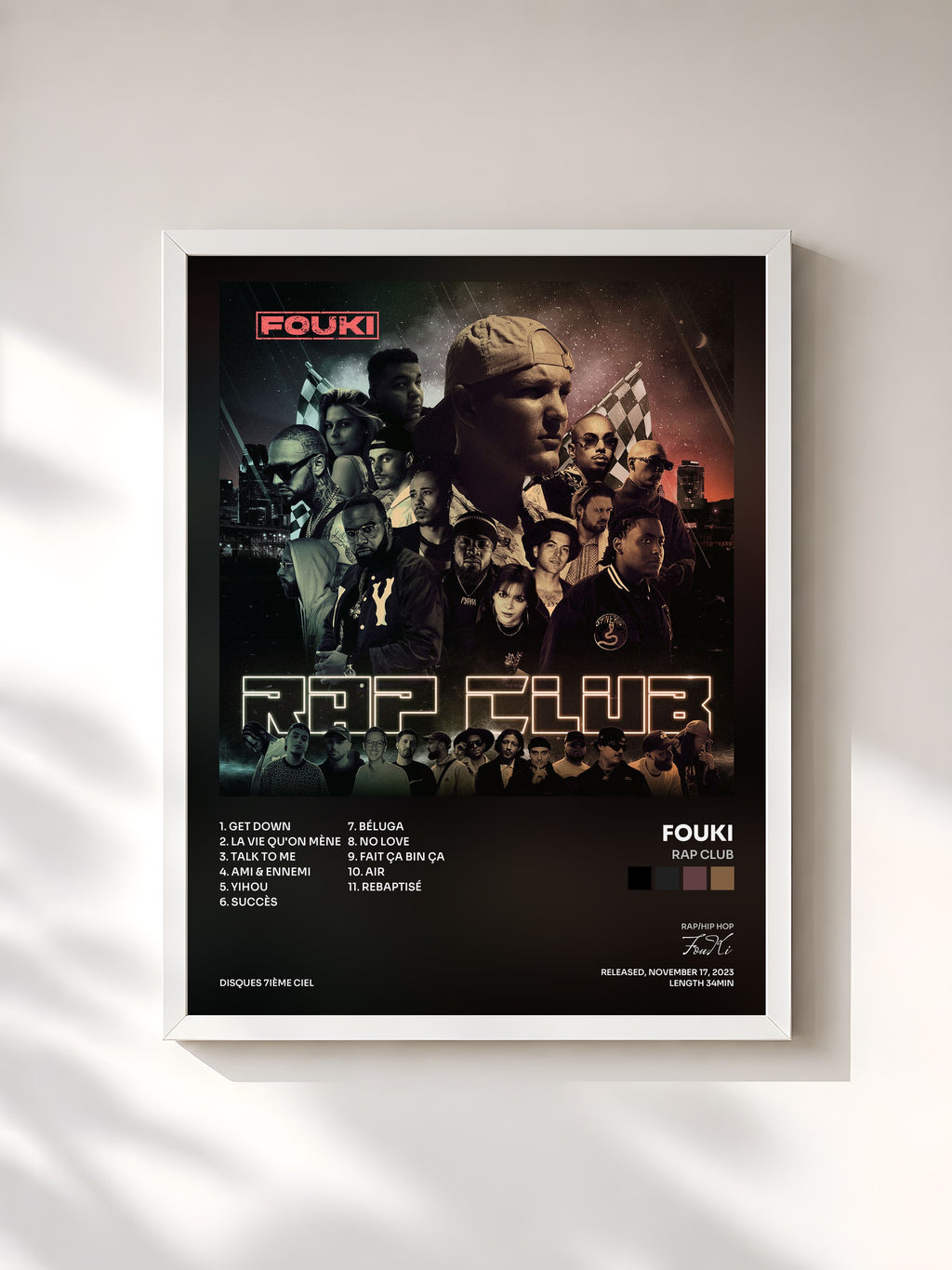 #blanc Tableau de l'album RAP CLUB de FouKi, cadre blanc, imprimé et encadré en France