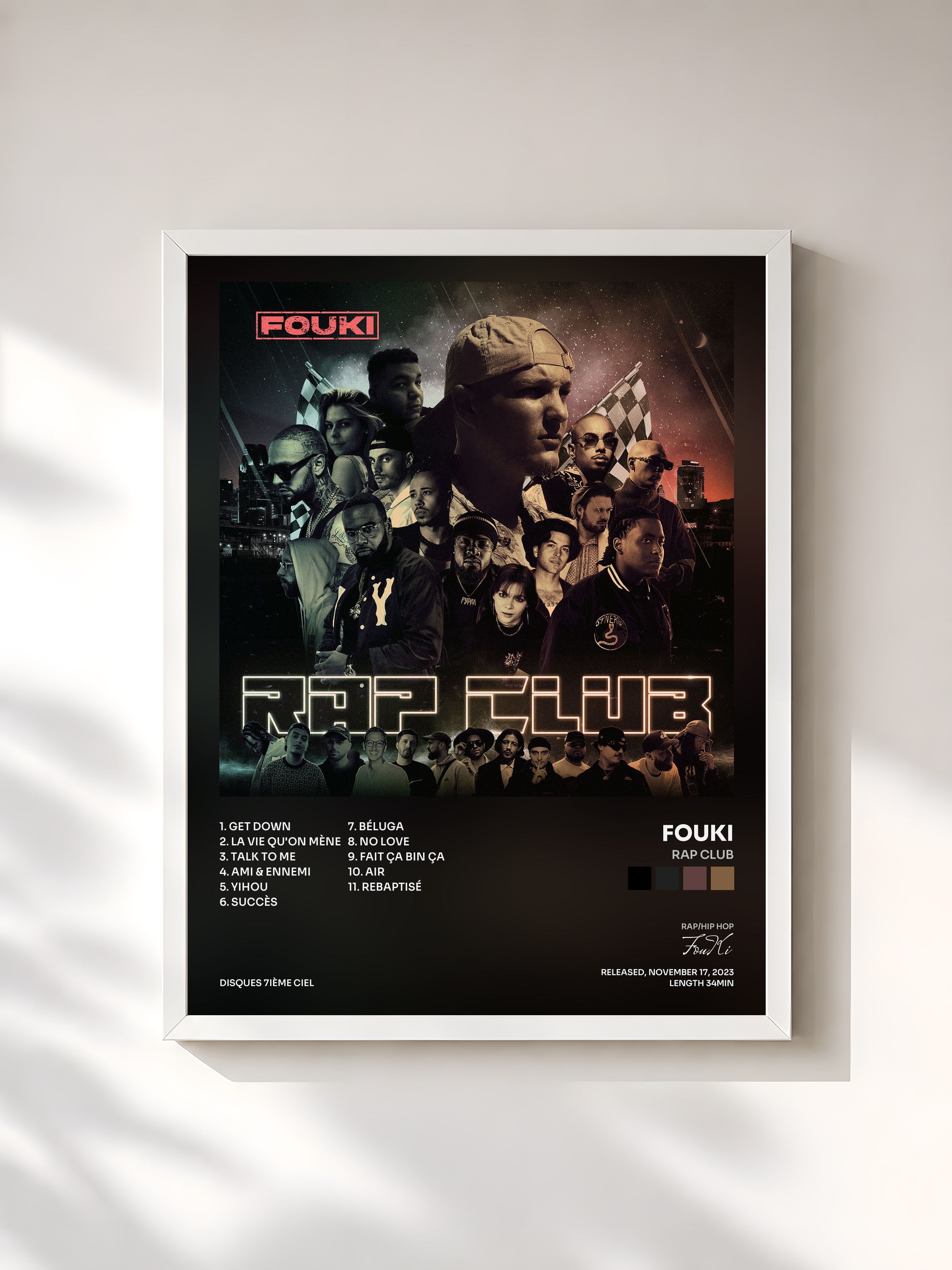 #blanc Tableau de l'album RAP CLUB de FouKi, cadre blanc, imprimé et encadré en France