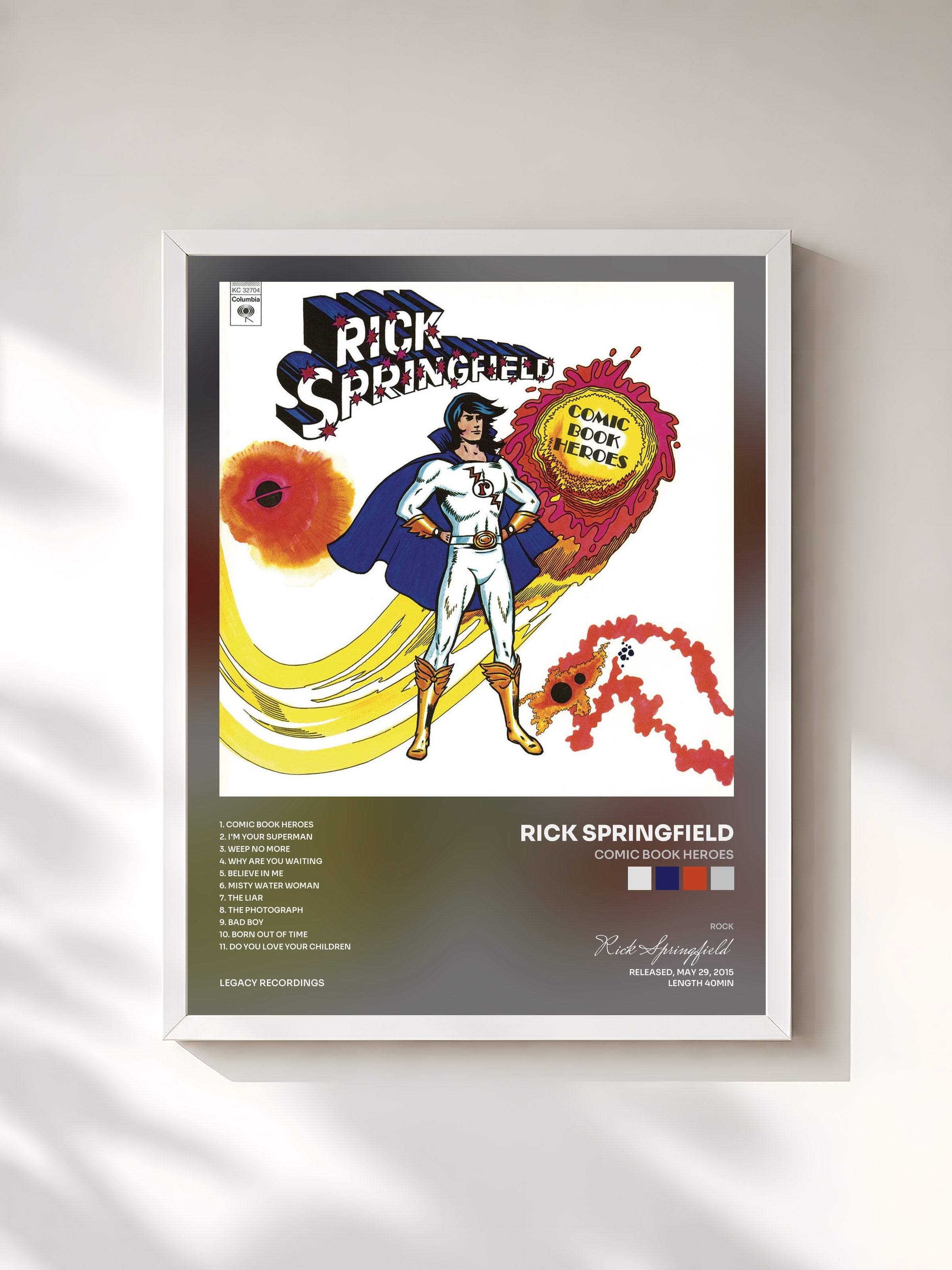 #blanc Tableau de l'album Comic Book Heroes de Rick Springfield, cadre blanc, imprimé et encadré en France