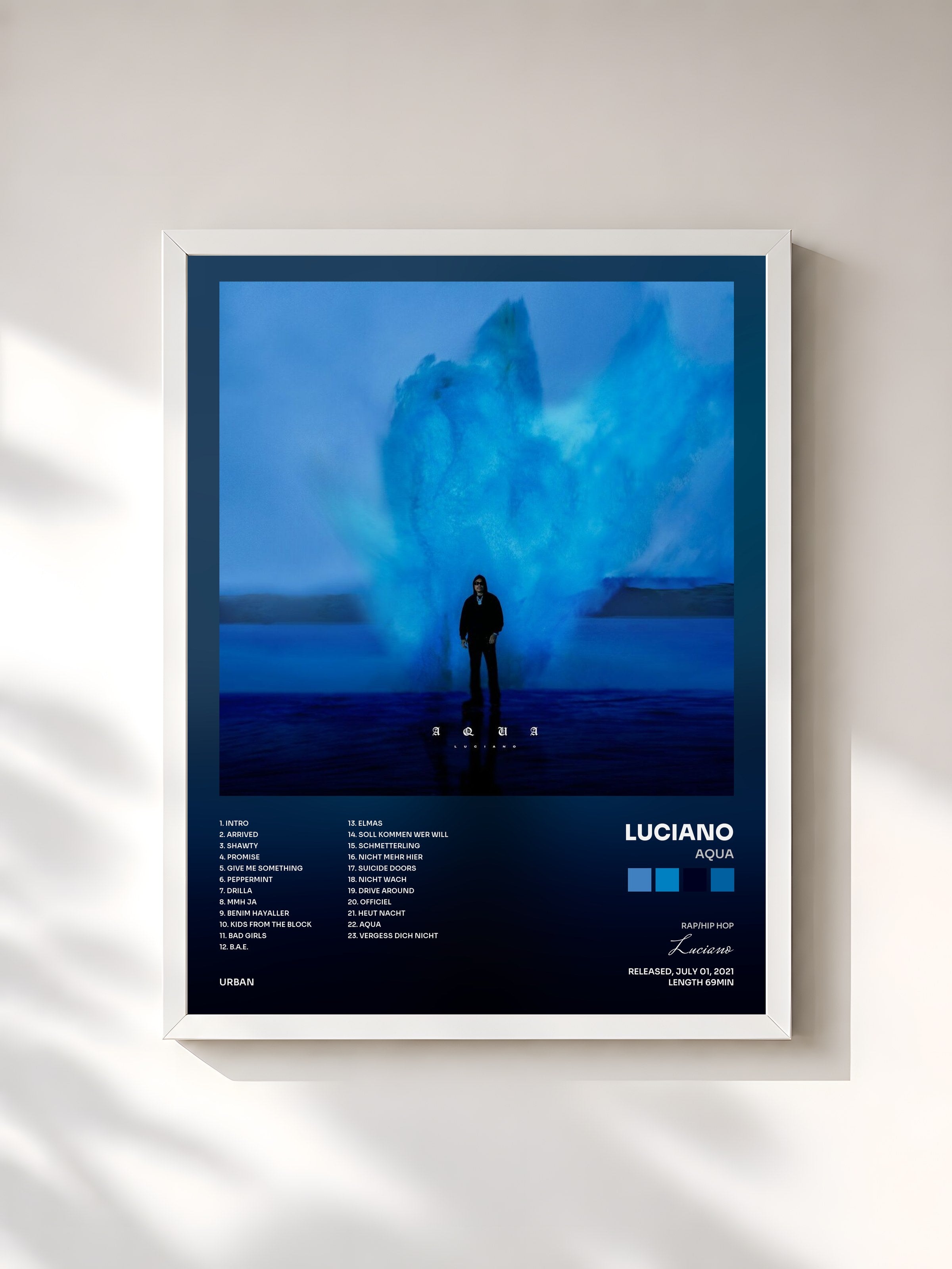 #blanc Tableau de l'album AQUA de Luciano, cadre blanc, imprimé et encadré en France