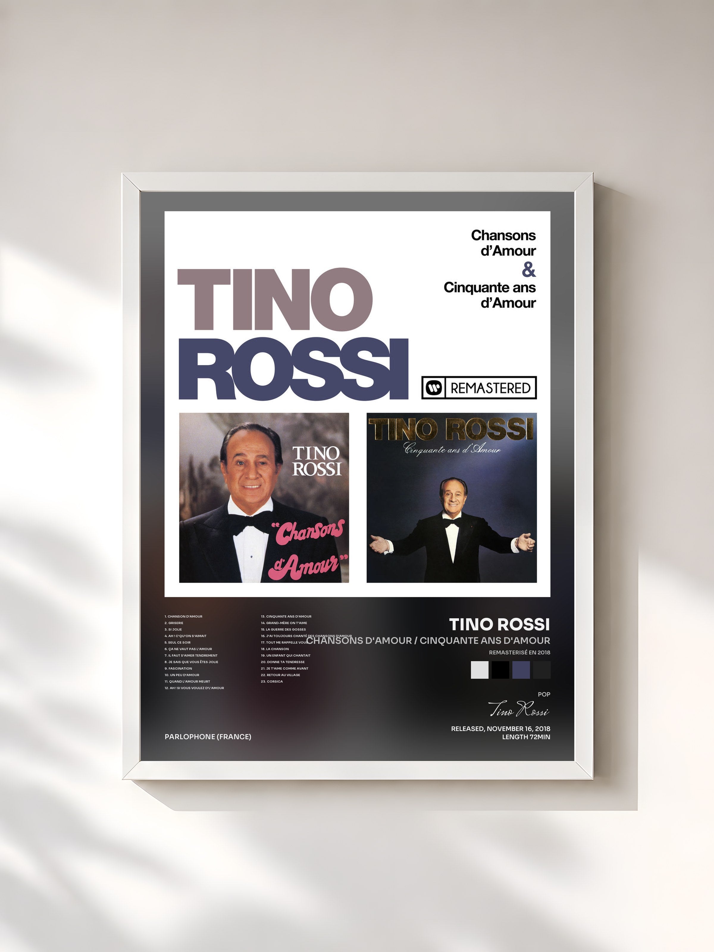 #blanc Tableau de l'album Chansons d'amour / Cinquante ans d'amour (Remasterisé en 2018) de Tino Rossi, cadre blanc, imprimé et encadré en France