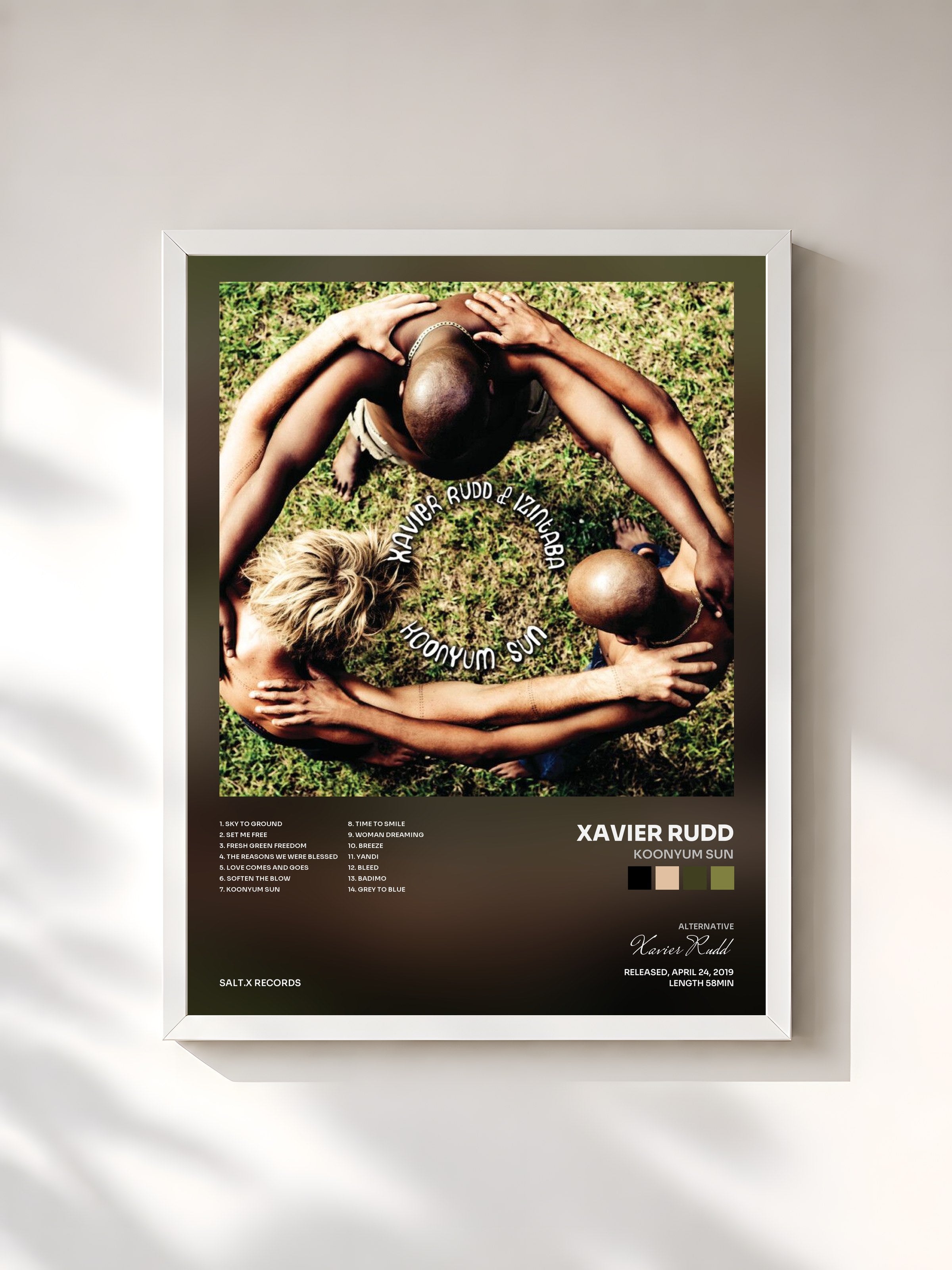 #blanc Tableau de l'album Koonyum Sun de Xavier Rudd, cadre blanc, imprimé et encadré en France