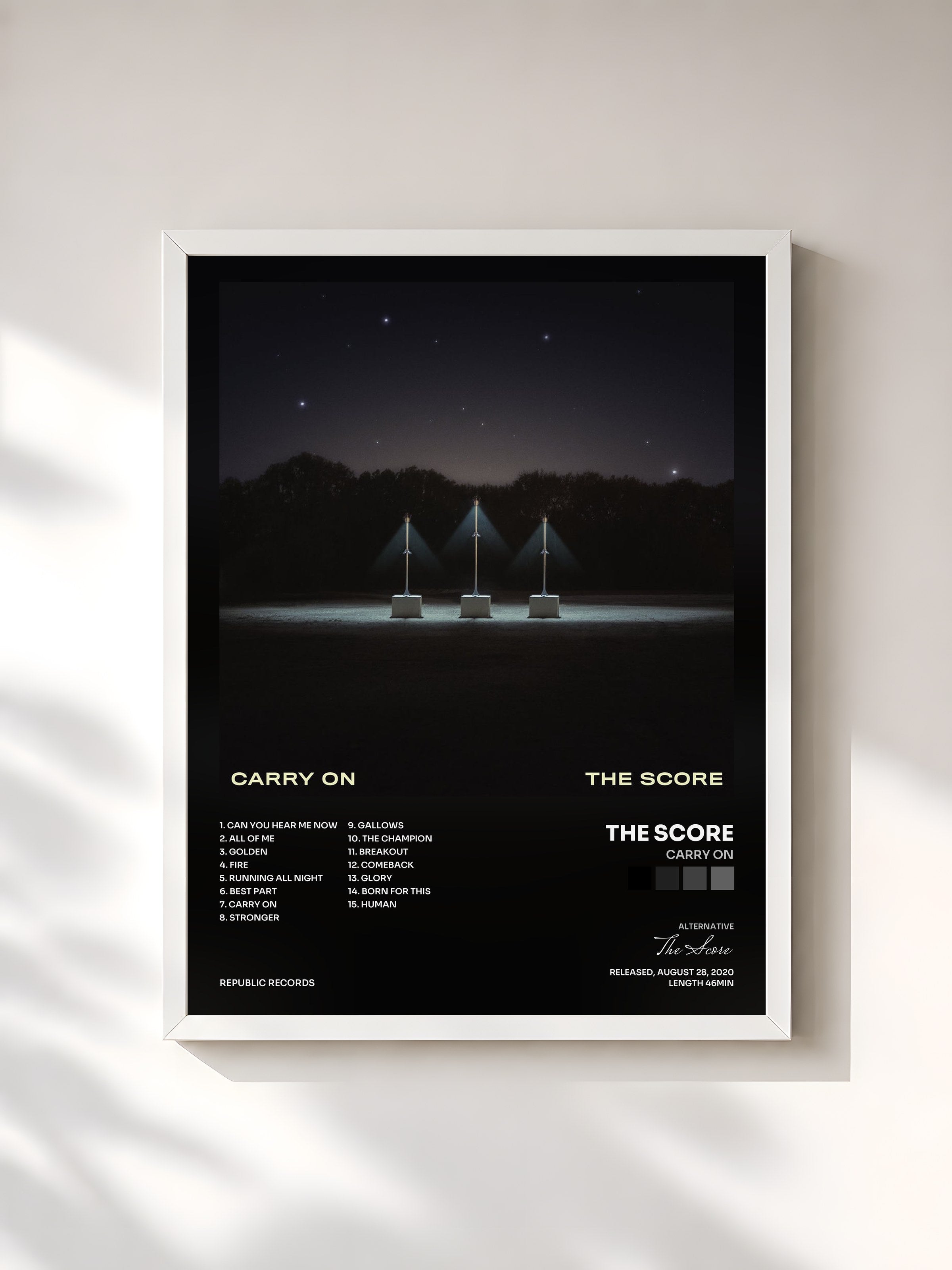 #blanc Tableau de l'album Carry On de The Score, cadre blanc, imprimé et encadré en France