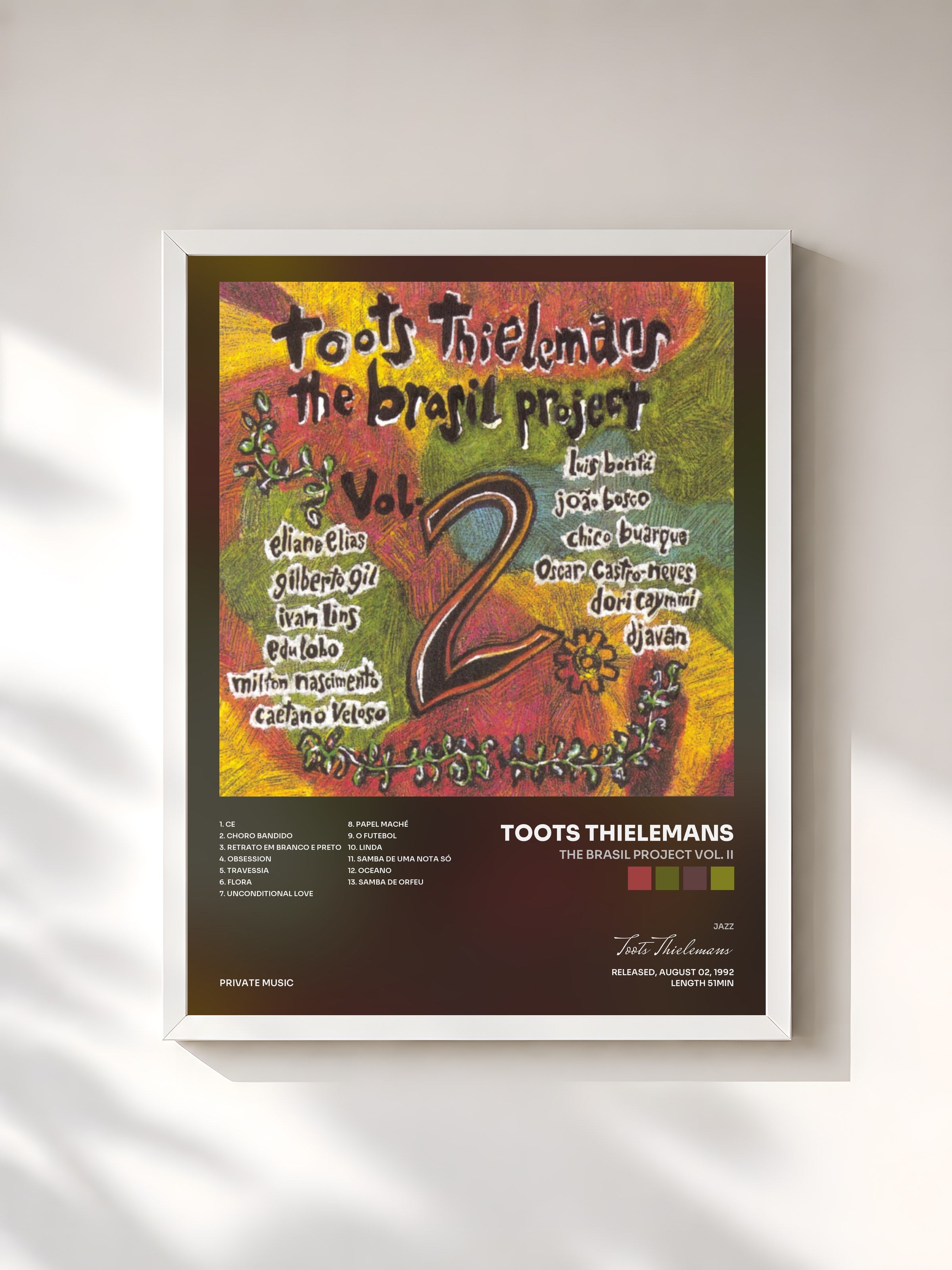 #blanc Tableau de l'album The Brasil Project Vol. II de Toots Thielemans, cadre blanc, imprimé et encadré en France