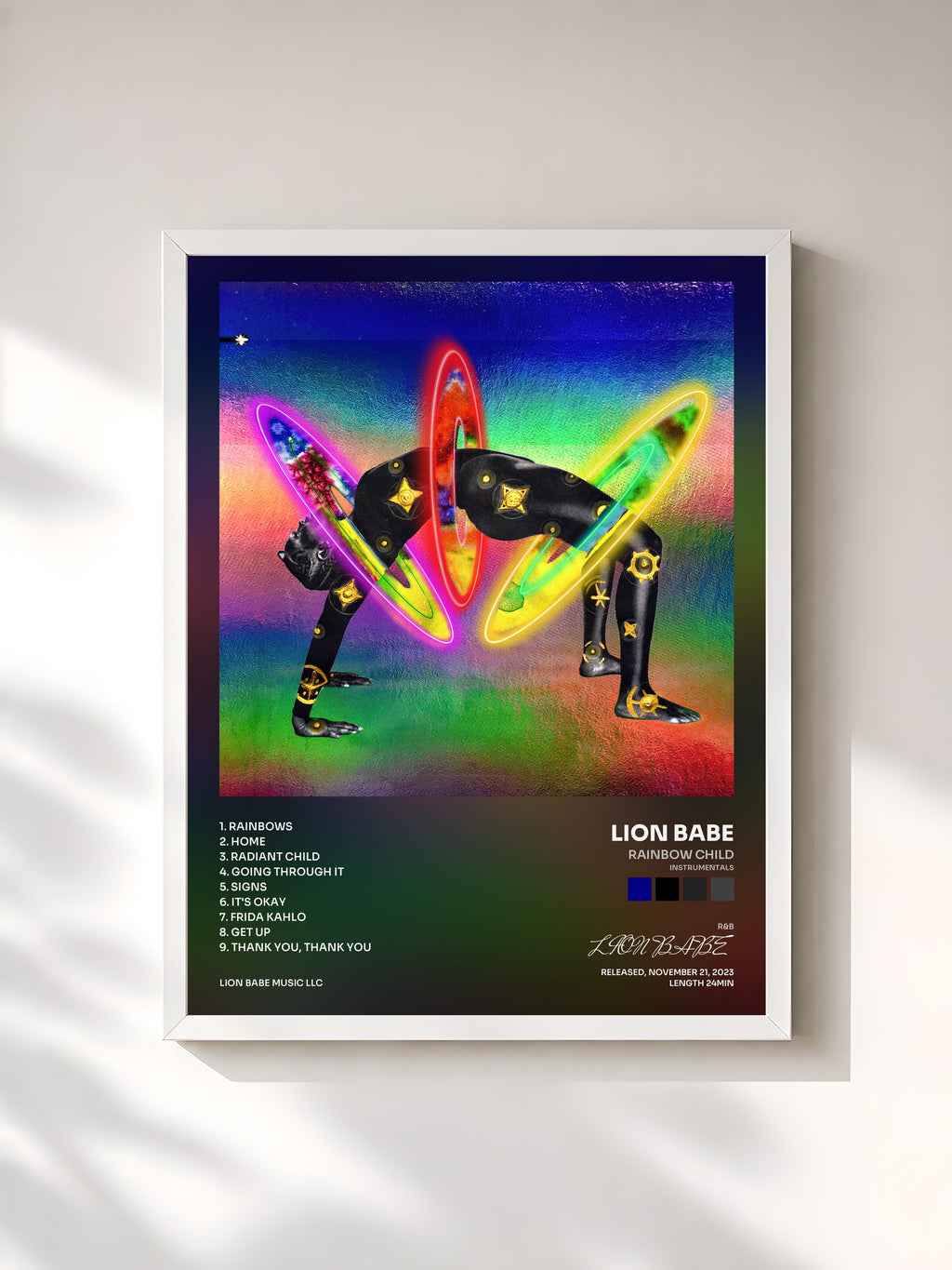 #blanc Tableau de l'album Rainbow Child (Instrumentals) de LION BABE, cadre blanc, imprimé et encadré en France