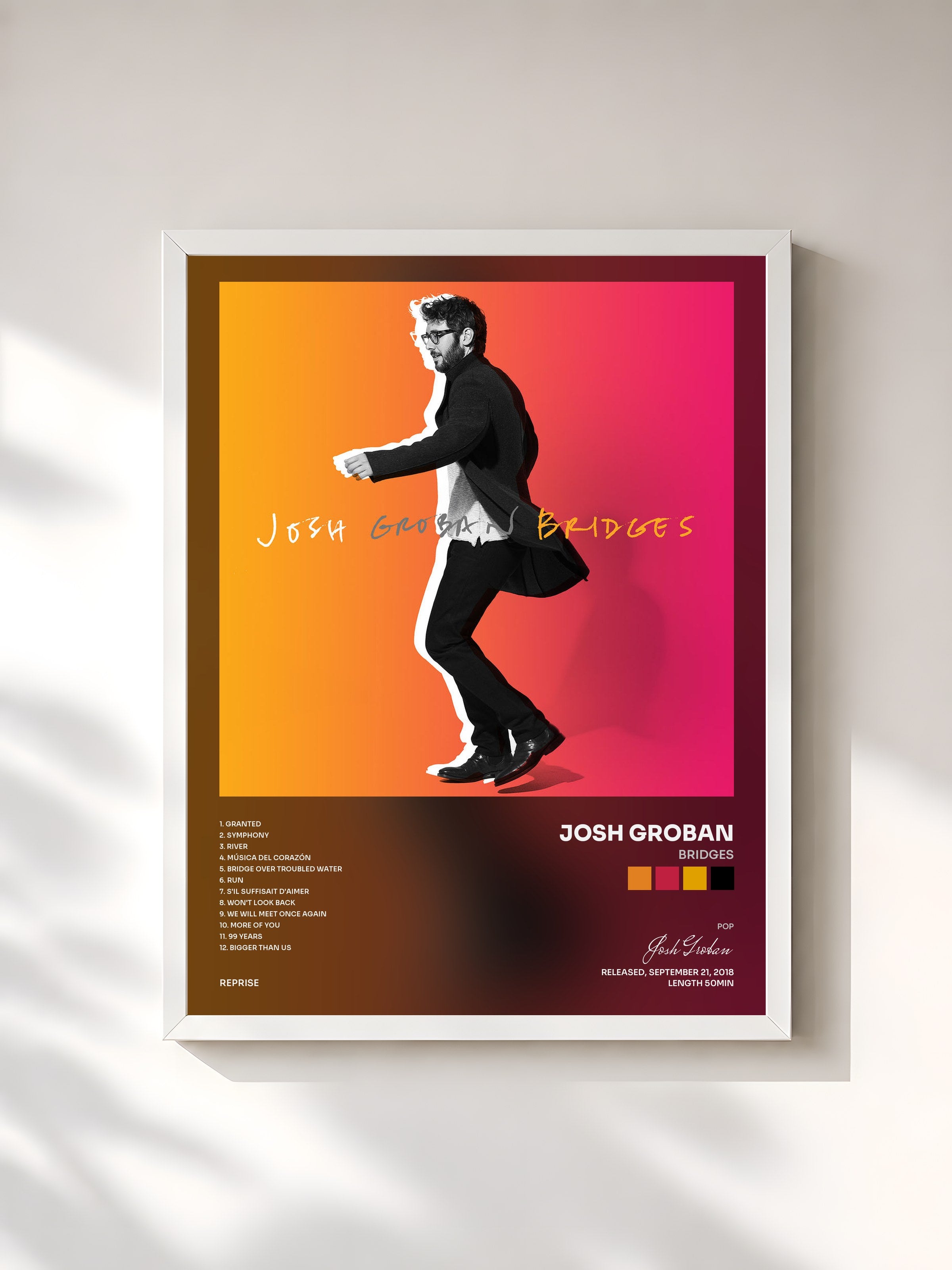 #blanc Tableau de l'album Bridges de Josh Groban, cadre blanc, imprimé et encadré en France