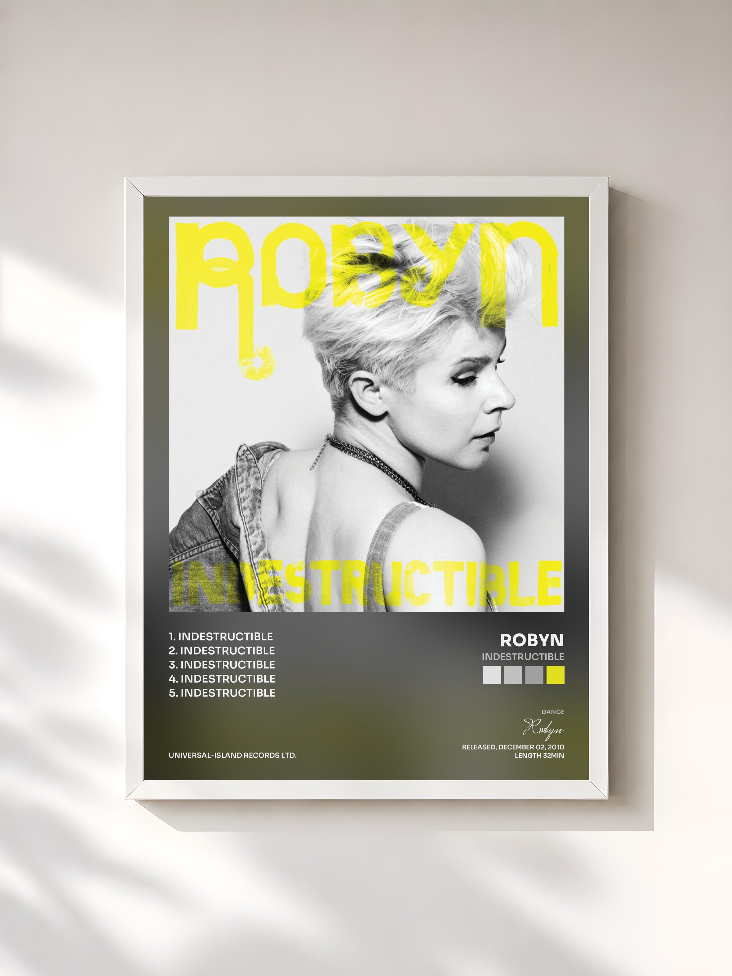 #blanc Tableau de l'album Indestructible de Robyn, cadre blanc, imprimé et encadré en France