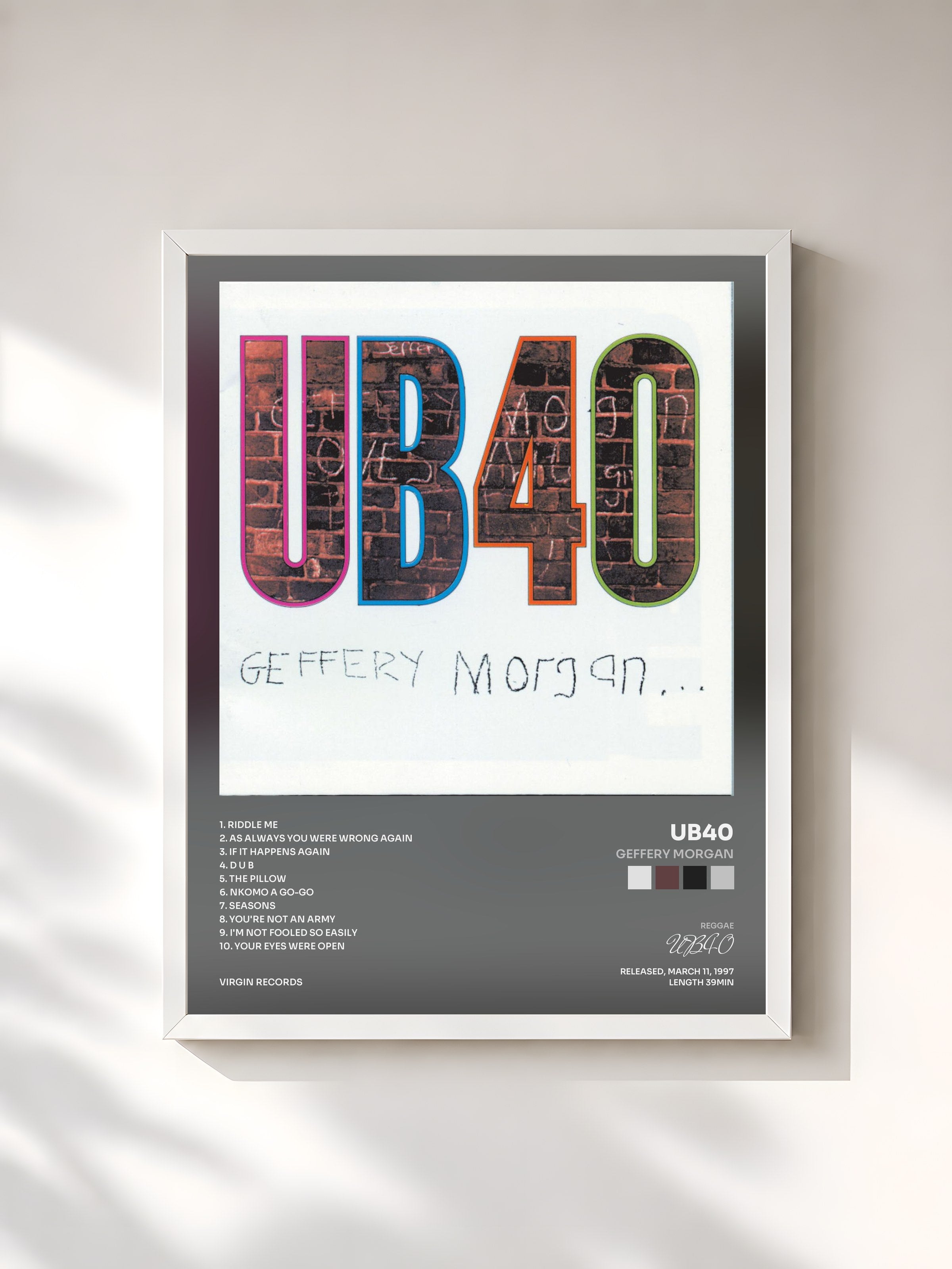 #blanc Tableau de l'album Geffery Morgan de UB40, cadre blanc, imprimé et encadré en France