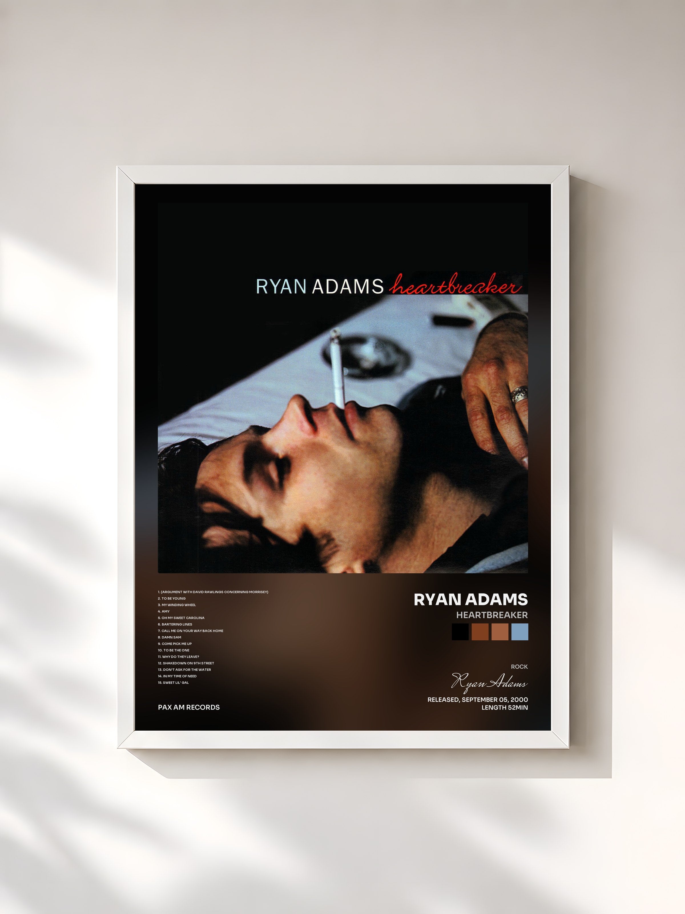 #blanc Tableau de l'album Heartbreaker de Ryan Adams, cadre blanc, imprimé et encadré en France