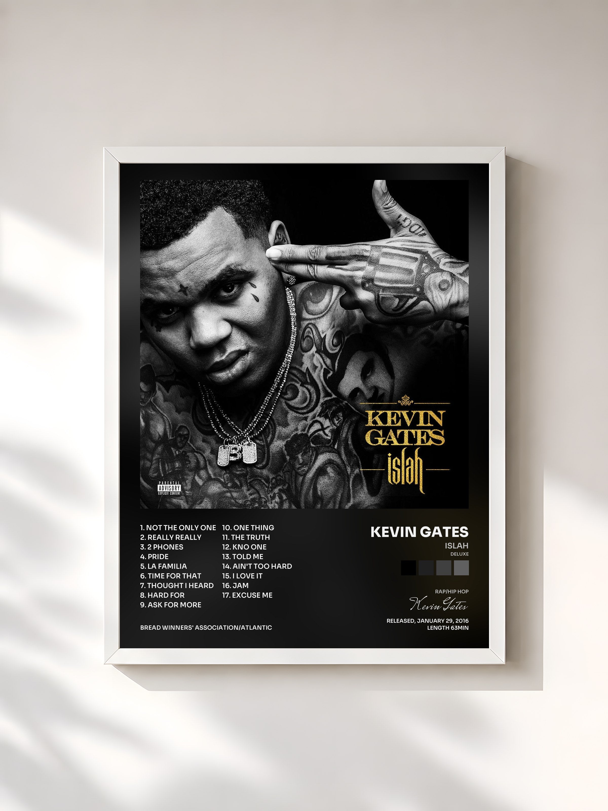 #blanc Tableau de l'album Islah (Deluxe) de Kevin Gates, cadre blanc, imprimé et encadré en France