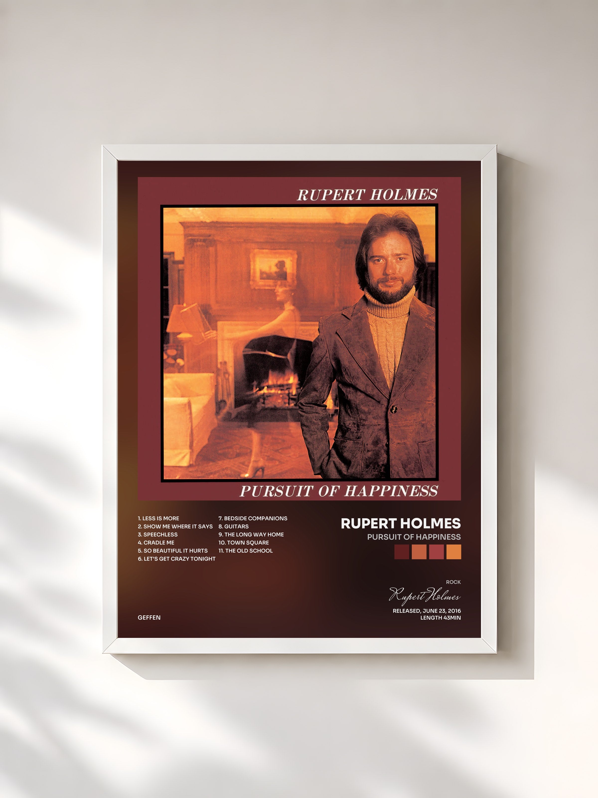 #blanc Tableau de l'album Pursuit Of Happiness de Rupert Holmes, cadre blanc, imprimé et encadré en France