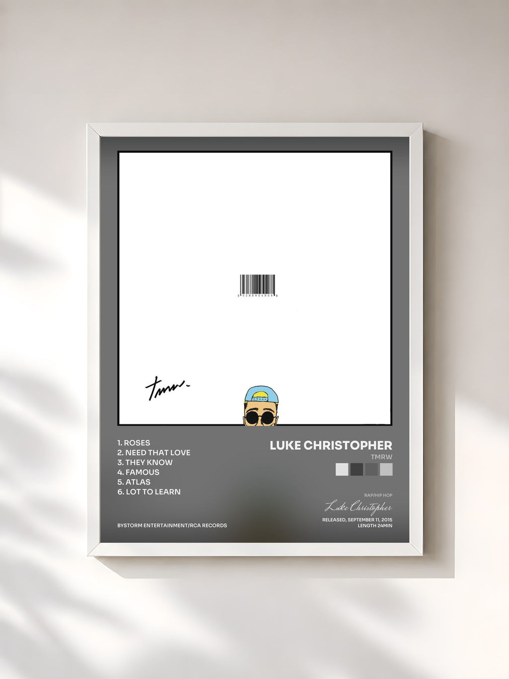 #blanc Tableau de l'album TMRW de Luke Christopher, cadre blanc, imprimé et encadré en France