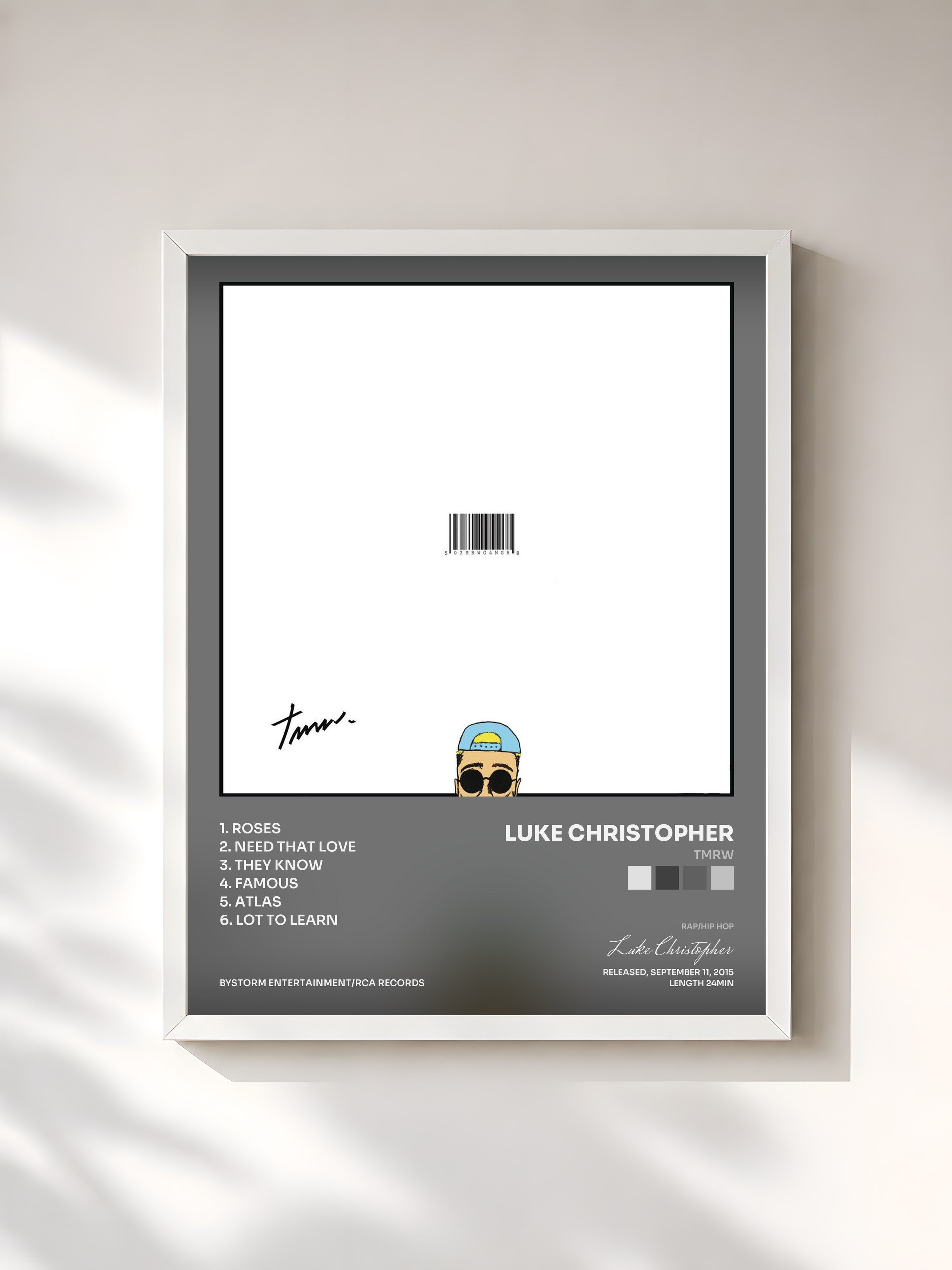 #blanc Tableau de l'album TMRW de Luke Christopher, cadre blanc, imprimé et encadré en France