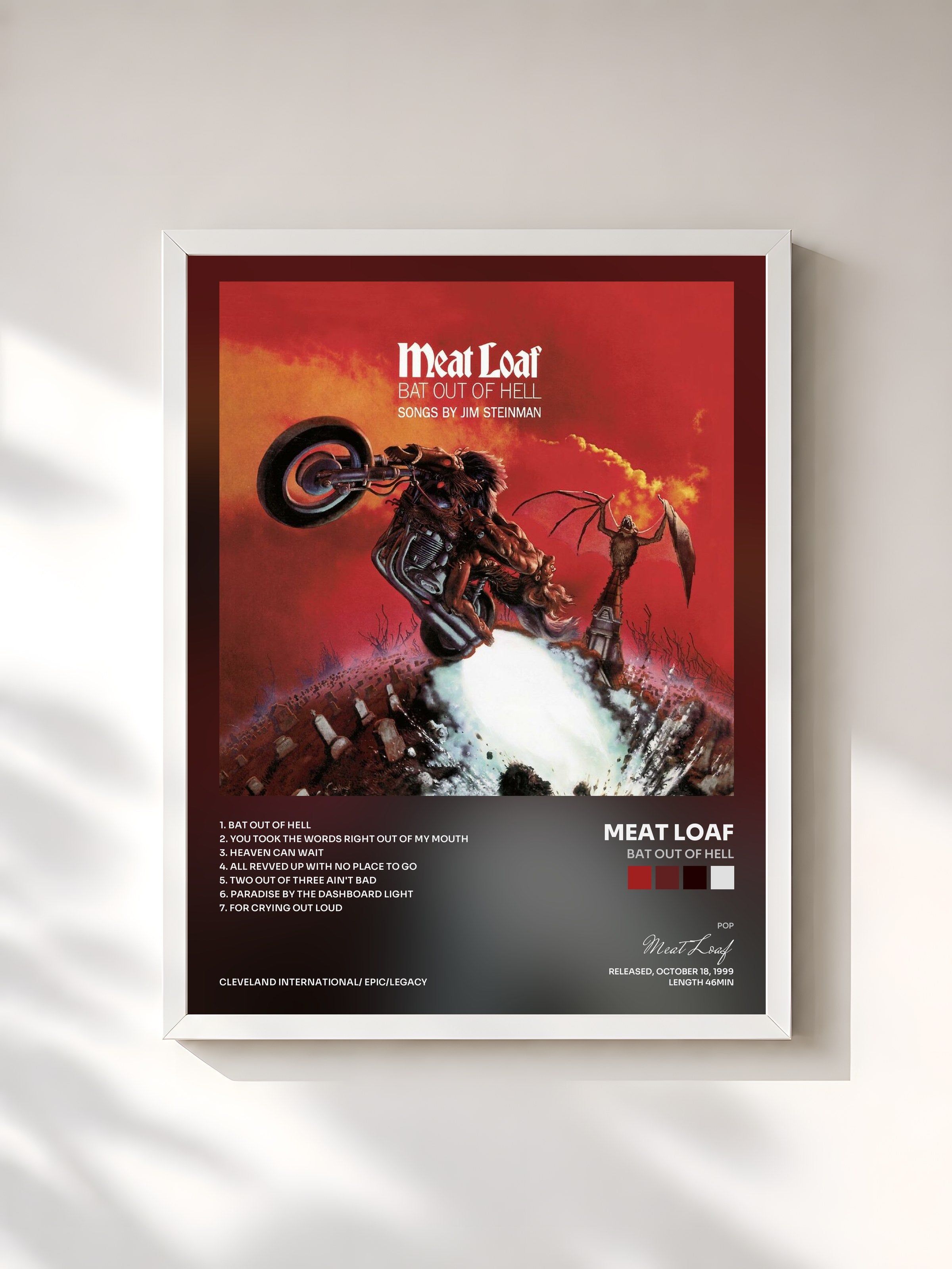 #blanc Tableau de l'album Bat Out Of Hell de Meat Loaf, cadre blanc, imprimé et encadré en France